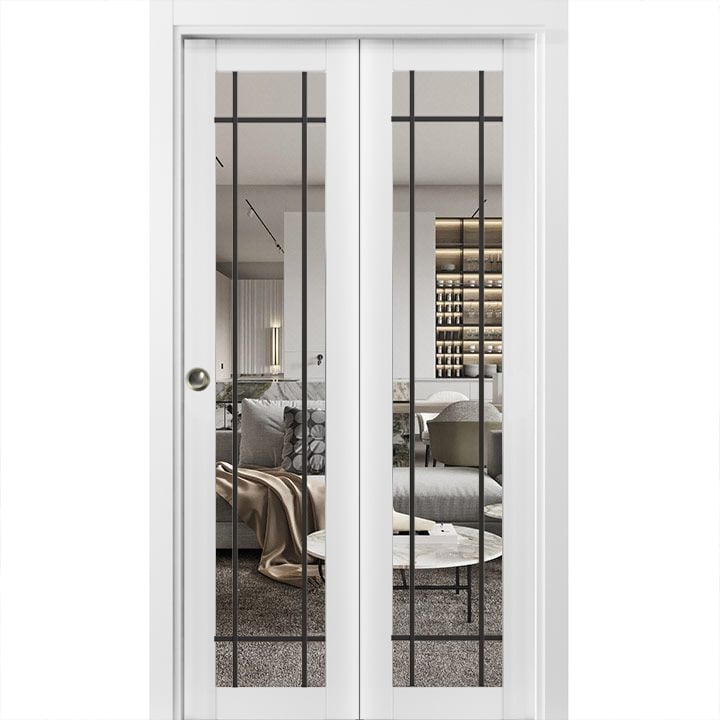 Sliding Closet Bi-fold Doors | Lucia 2266 Matte Black with Clear Glass and Aluminum Strips | Sturdy Tracks Moldings Trims Hardware Set | Wood Solid Bedroom Wardrobe Doors White