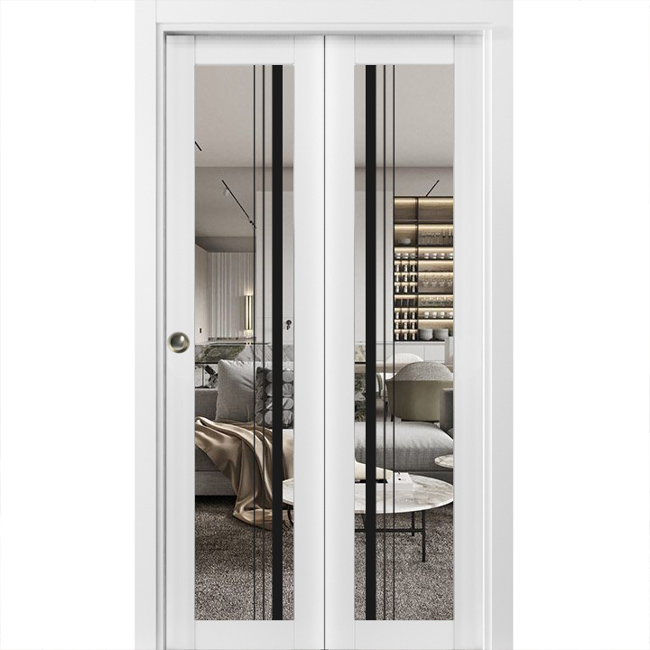 Sliding Closet Bi-fold Doors | Lucia 2566 White Silk with Clear Glass and Aluminum Strips | Sturdy Tracks Moldings Trims Hardware Set | Wood Solid Bedroom Wardrobe Doors -48" x 80" (2* 24x80) White