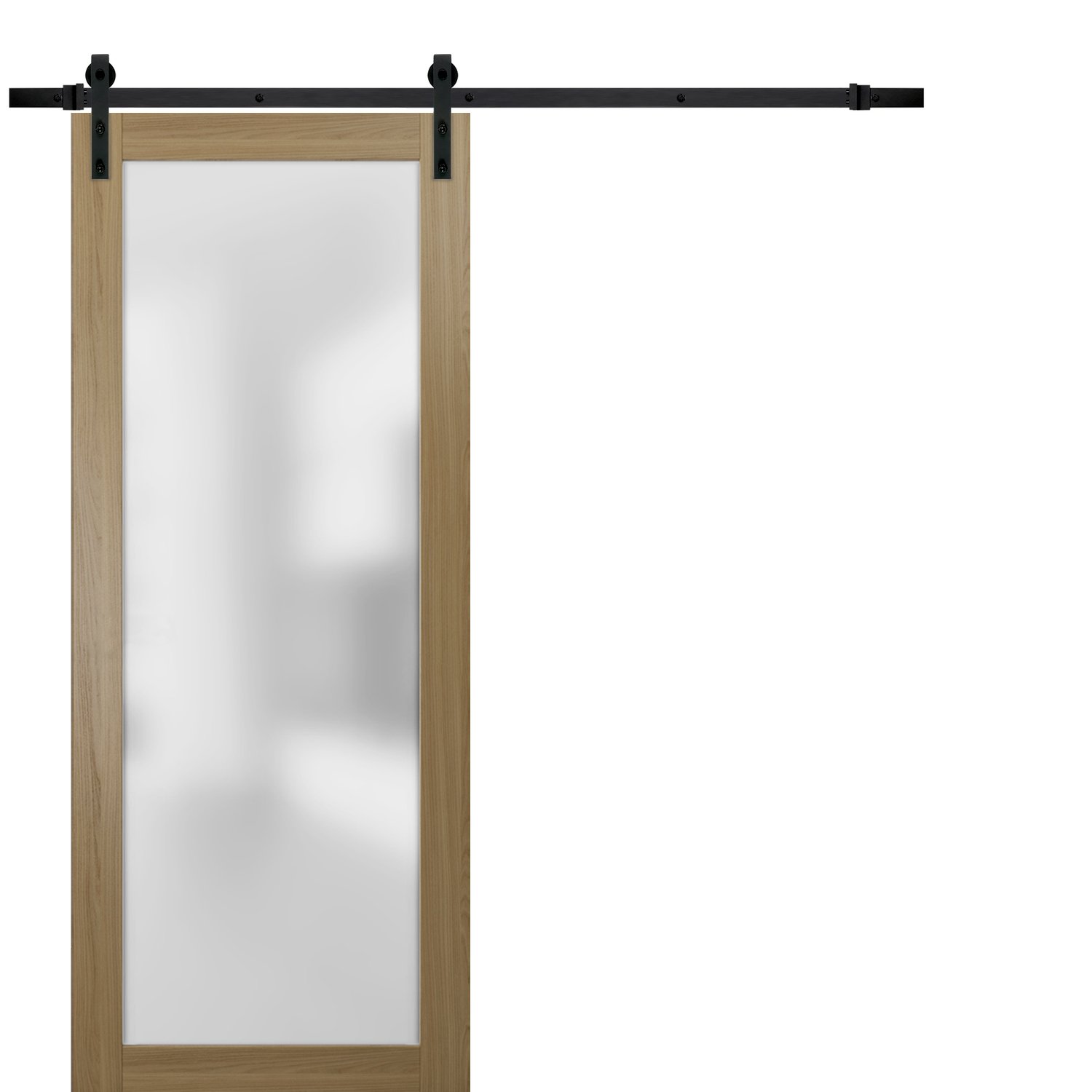 Sturdy Barn Door Frosted Tempered Glass | Planum 2102 Matte Black | 6.6FT Black Rail Hangers Heavy Hardware Set | Modern Solid Panel Interior Doors -42" x 80" Honey Ash