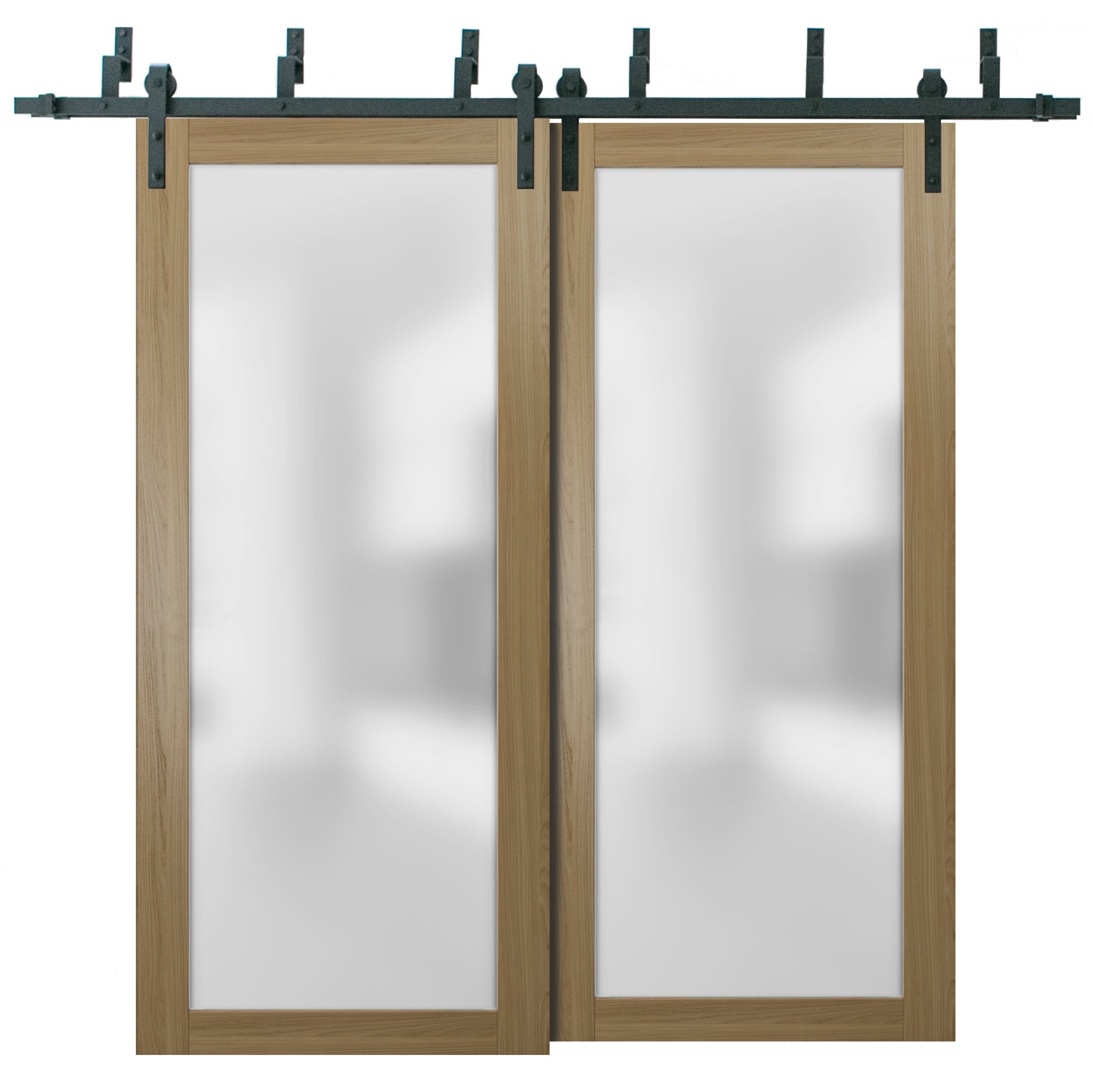 Sliding Closet Frosted Glass Barn Bypass Doors with Hardware | Planum 2102 Matte Black | Sturdy 6.6ft Rails Hardware Set | Modern Wood Solid Bedroom Wardrobe Doors -48" x 96" (2* 24x96) Honey Ash
