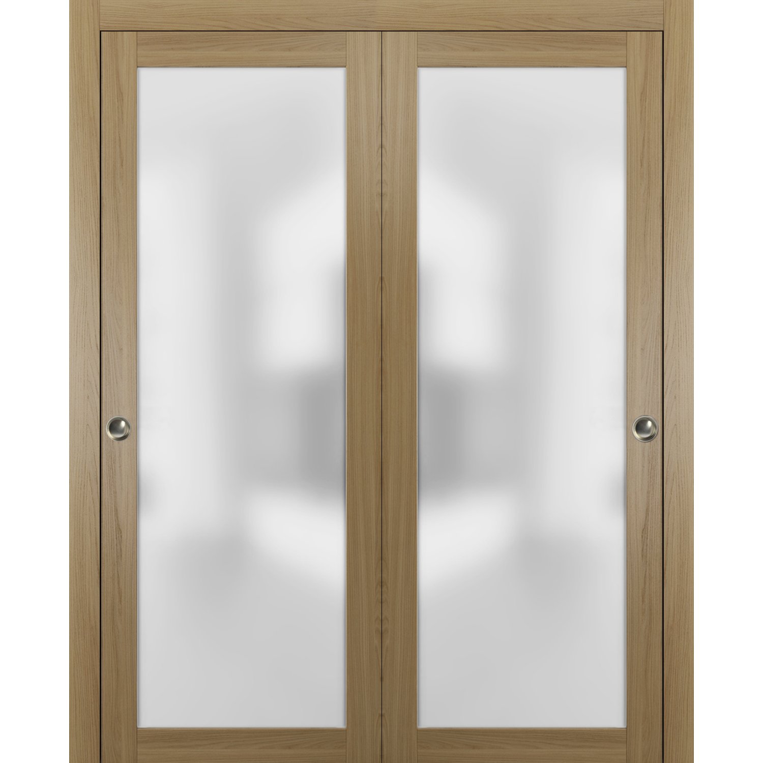 Sliding Closet Bypass Doors with Hardware | Planum 2102 White Silk with Frosted Glass | Sturdy Rails Moldings Trims Hardware Set | Modern Wood Solid Bedroom Wardrobe Doors-84" x 84" (2* 42x84) Honey Ash