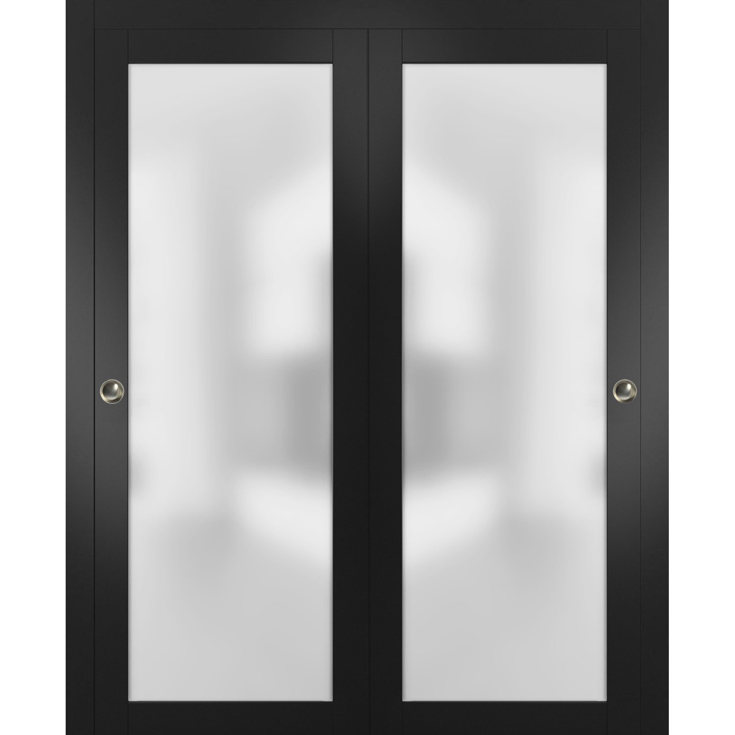 Sliding Closet Bypass Doors with Hardware | Planum 2102 White Silk with Frosted Glass | Sturdy Rails Moldings Trims Hardware Set | Modern Wood Solid Bedroom Wardrobe Doors-84" x 84" (2* 42x84) Black Matte