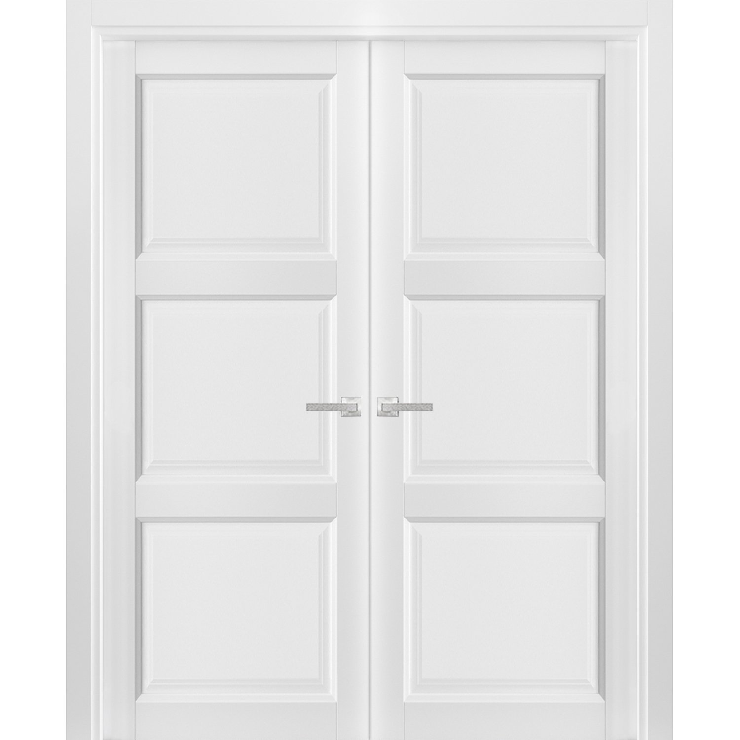 French Double Panel Solid Doors with Hardware | Lucia 2661 White Silk | Panel Frame Trims | Bathroom Bedroom Interior Sturdy Door  White