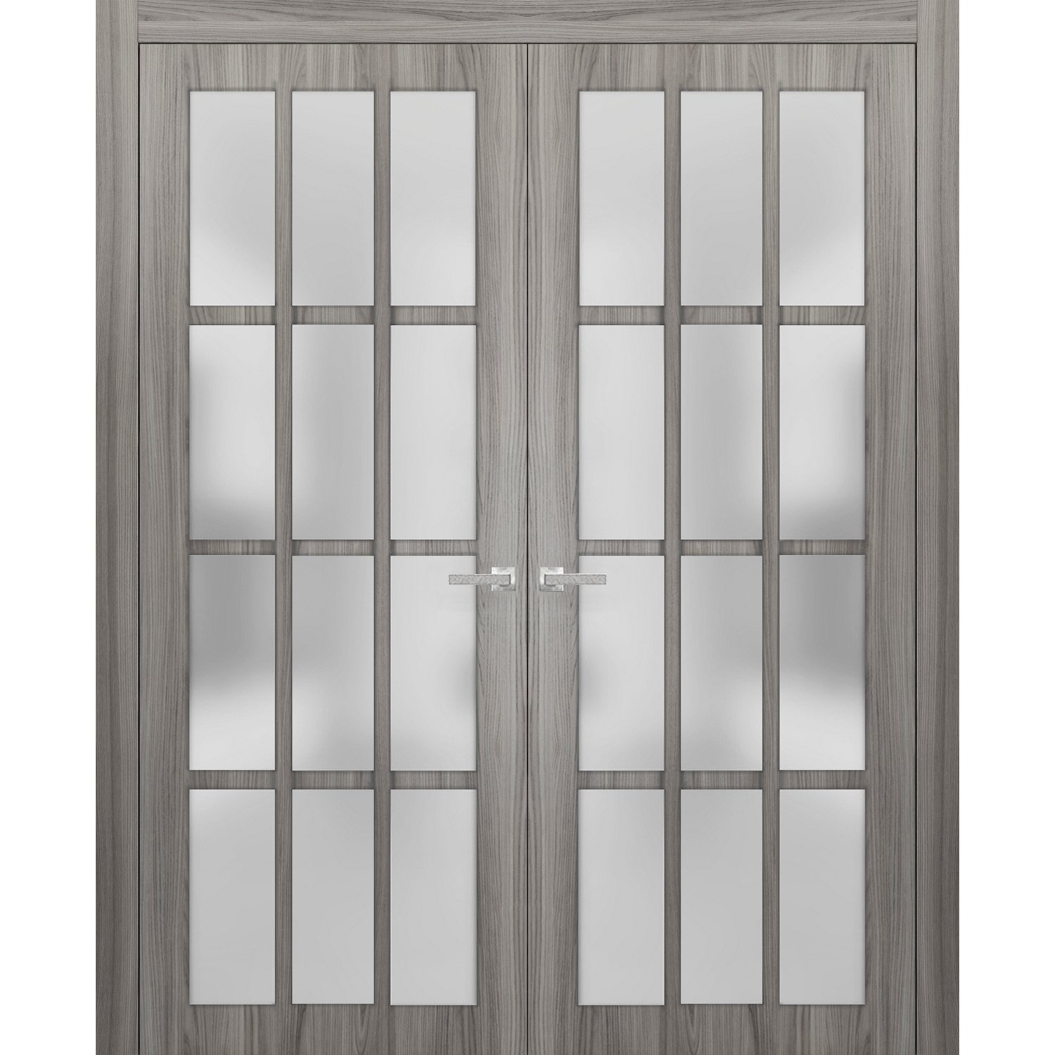Solid French Double Frosted Glass Doors 12 Lites | Felicia 3312 Matte Black | Single Regural Panel Frame Trims | Bathroom Bedroom Sturdy Doors -72" x 96" (2* 36x96) Ginger Ash