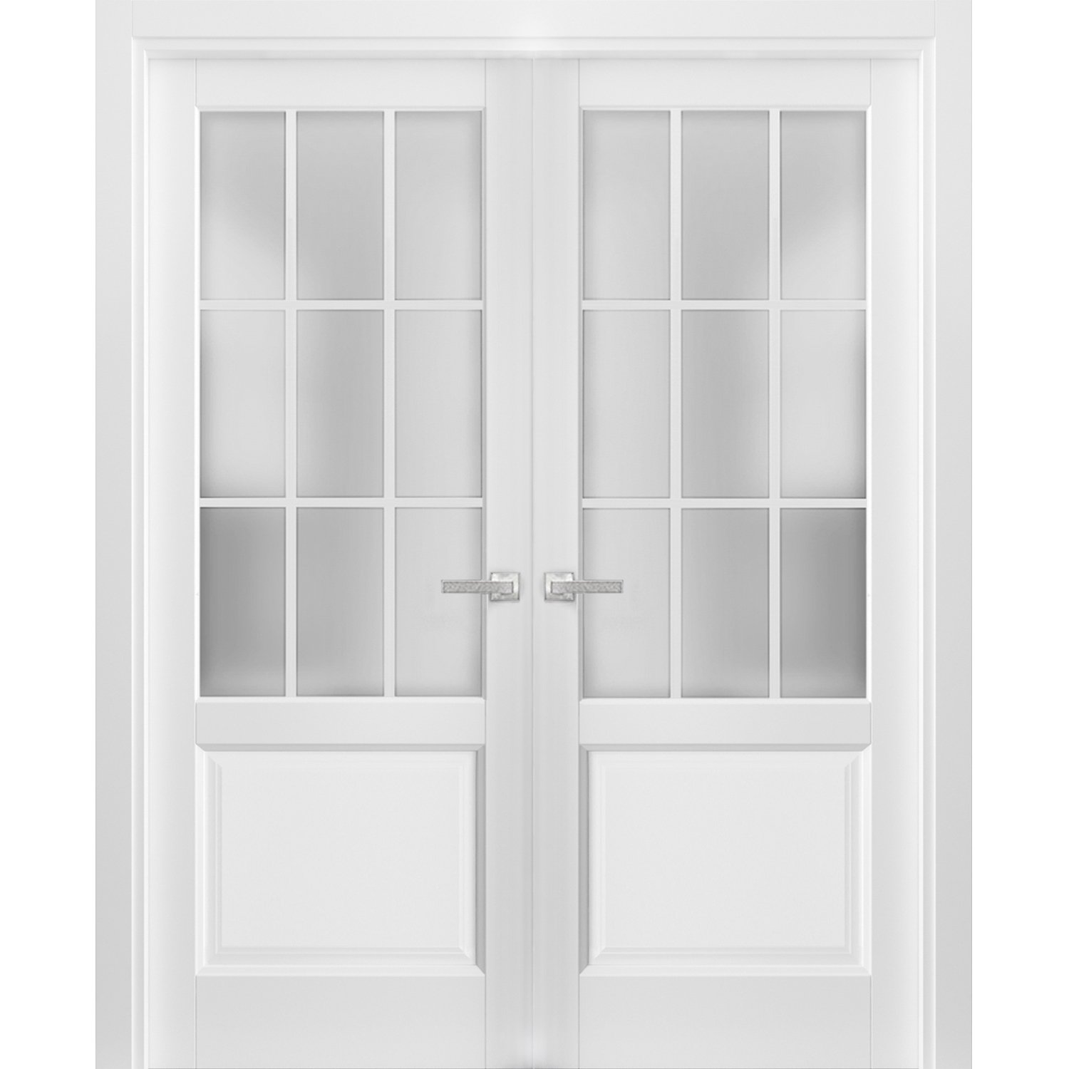 Solid French Double Doors Frosted Glass 9 Lites | Felicia 3309 Matte White | Single Regural Panel Frame Trims | Bathroom Bedroom Sturdy Doors -56" x 84" (2* 28x84) White