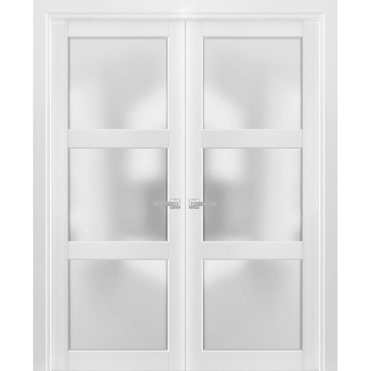 Solid French Double Doors Frosted Glass | Lucia 2552 Ginger Ash | Wood Solid Panel Frame Trims | Closet Bedroom Sturdy Doors -84" x 84" (2* 42x84) White