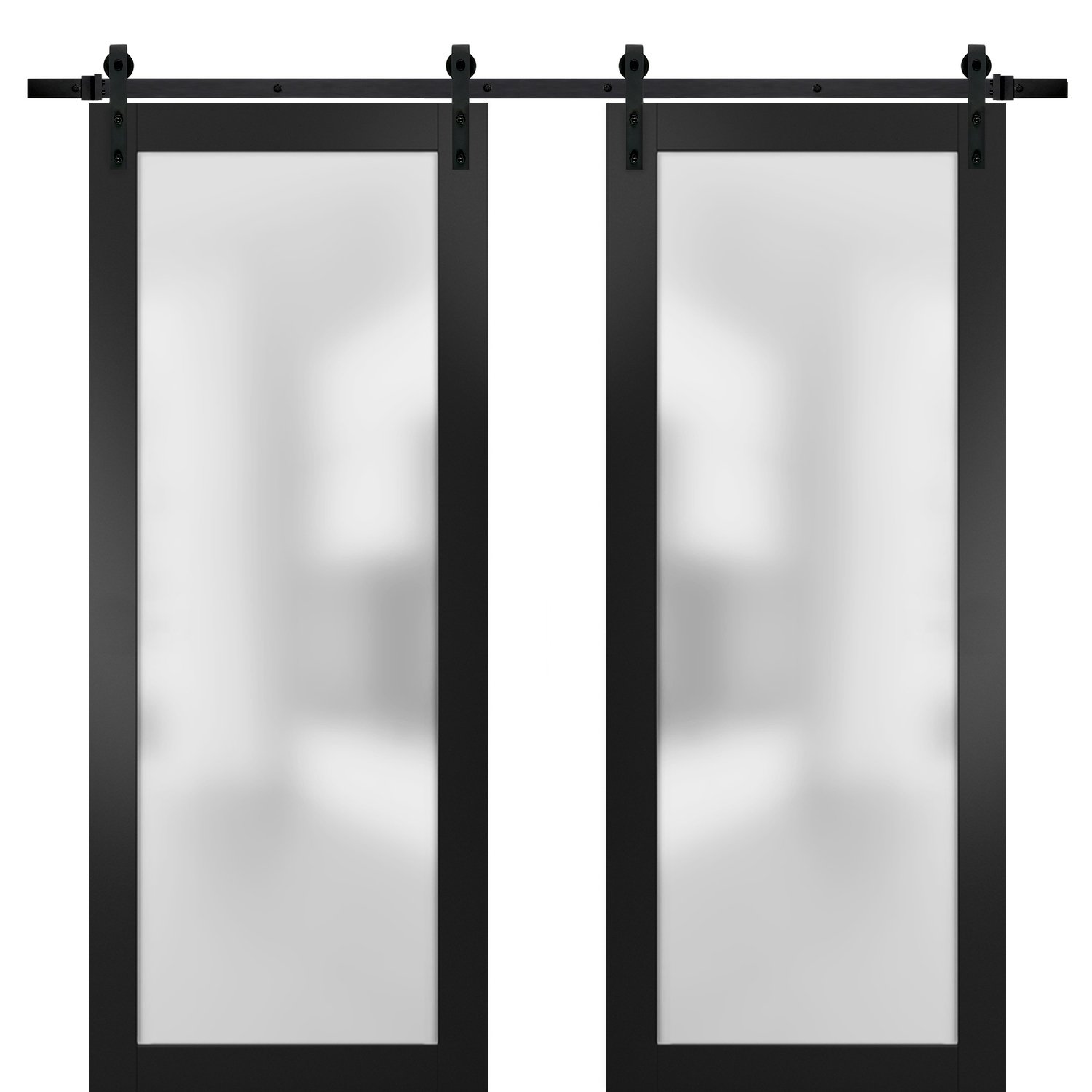 Sturdy Double Barn Door with Frosted Glass | Planum 2102 Ginger Ash | 13FT Rail Hangers Heavy Set | Modern Solid Panel Interior Doors-72" x 80" (2* 36x80) Black Matte