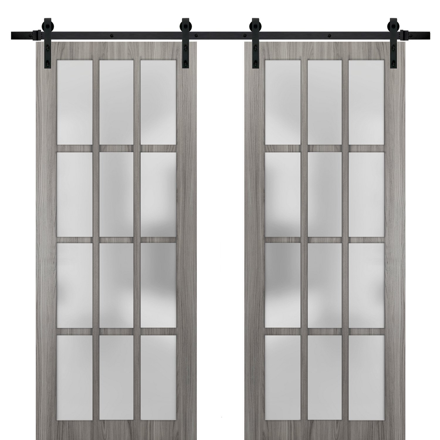 Sturdy Double Barn Door with Frosted Glass 12 Lites | Felicia 3312 Matte Black | 13FT Rail Hangers Heavy Set | Solid Panel Interior Doors-72" x 96" (2* 36x96) Ginger Ash