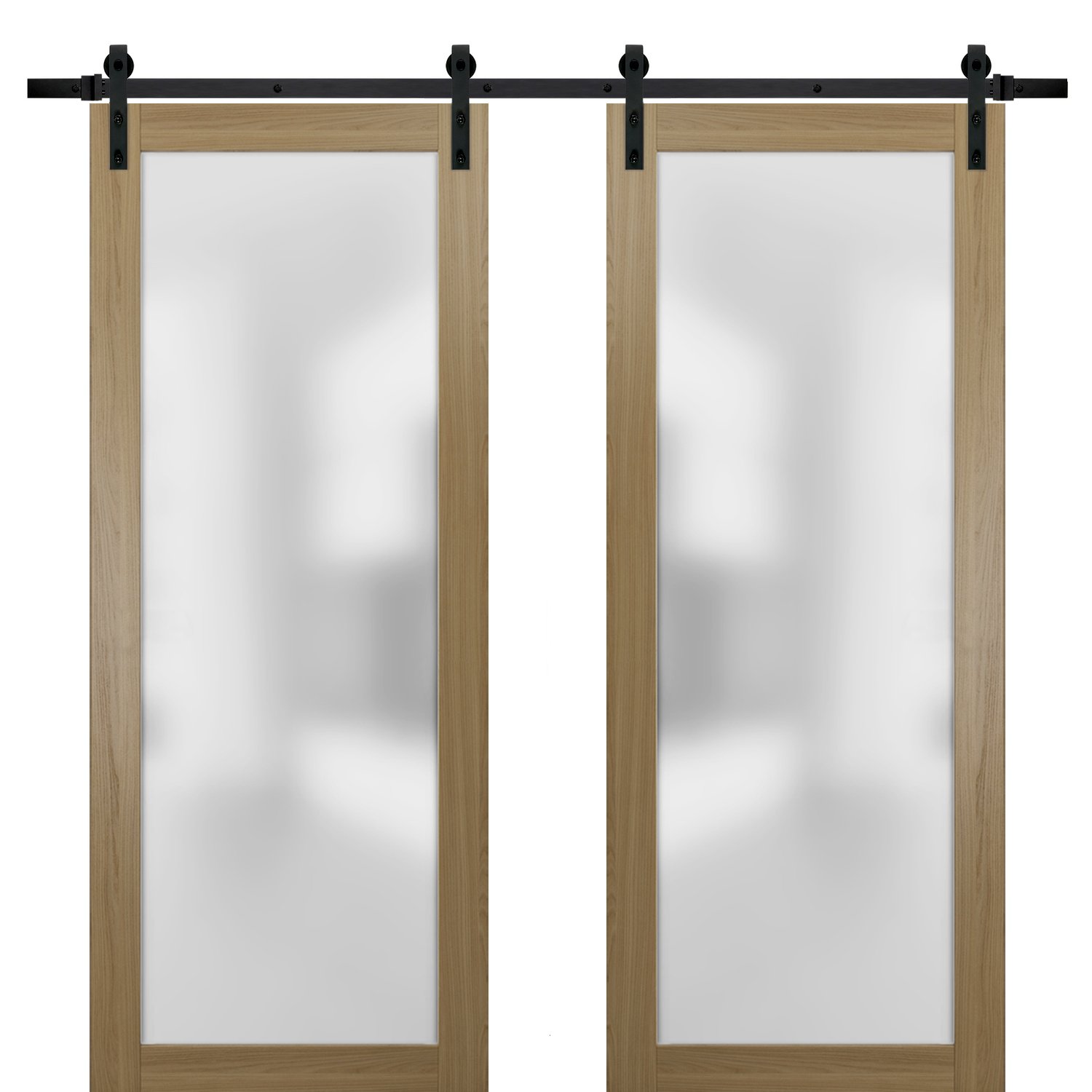 Sturdy Double Barn Door with Frosted Glass | Planum 2102 Ginger Ash | 13FT Rail Hangers Heavy Set | Modern Solid Panel Interior Doors-72" x 80" (2* 36x80) Honey Ash