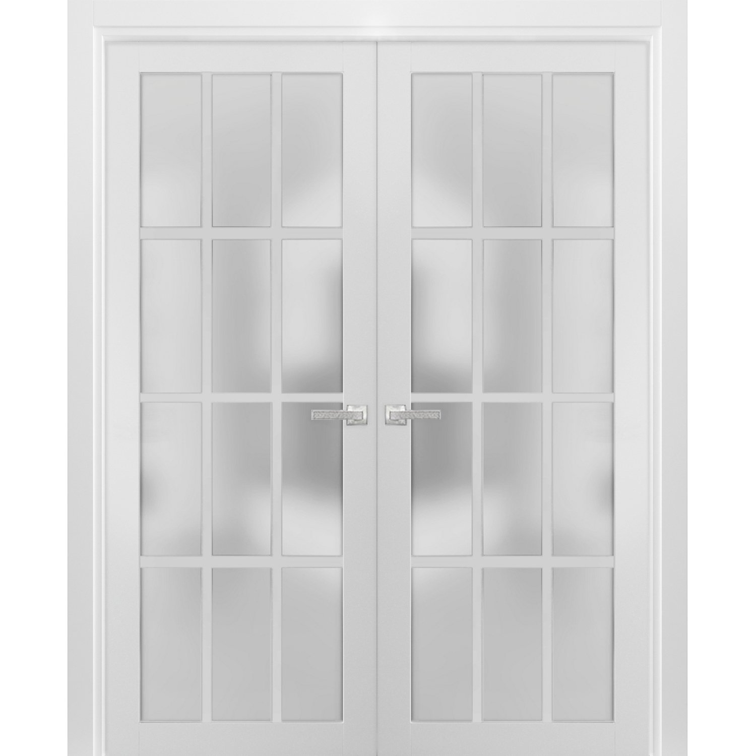 Solid French Double Frosted Glass Doors 12 Lites | Felicia 3312 Matte Black | Single Regural Panel Frame Trims | Bathroom Bedroom Sturdy Doors -72" x 96" (2* 36x96) White