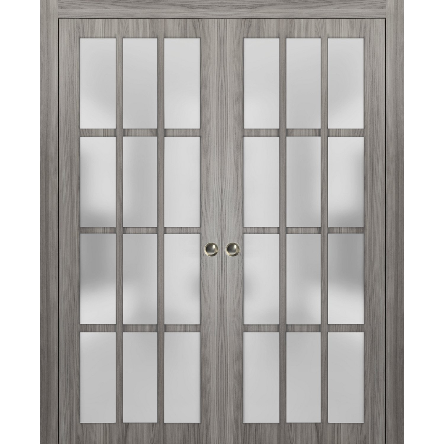 Sliding French Double Pocket Doors Frosted Glass 12 Lites | Felicia 3312 Matte Black | Kit Trims Rail Hardware | Solid Wood Interior Bedroom Sturdy Doors -36" x 96" (2* 18x96) Ginger Ash