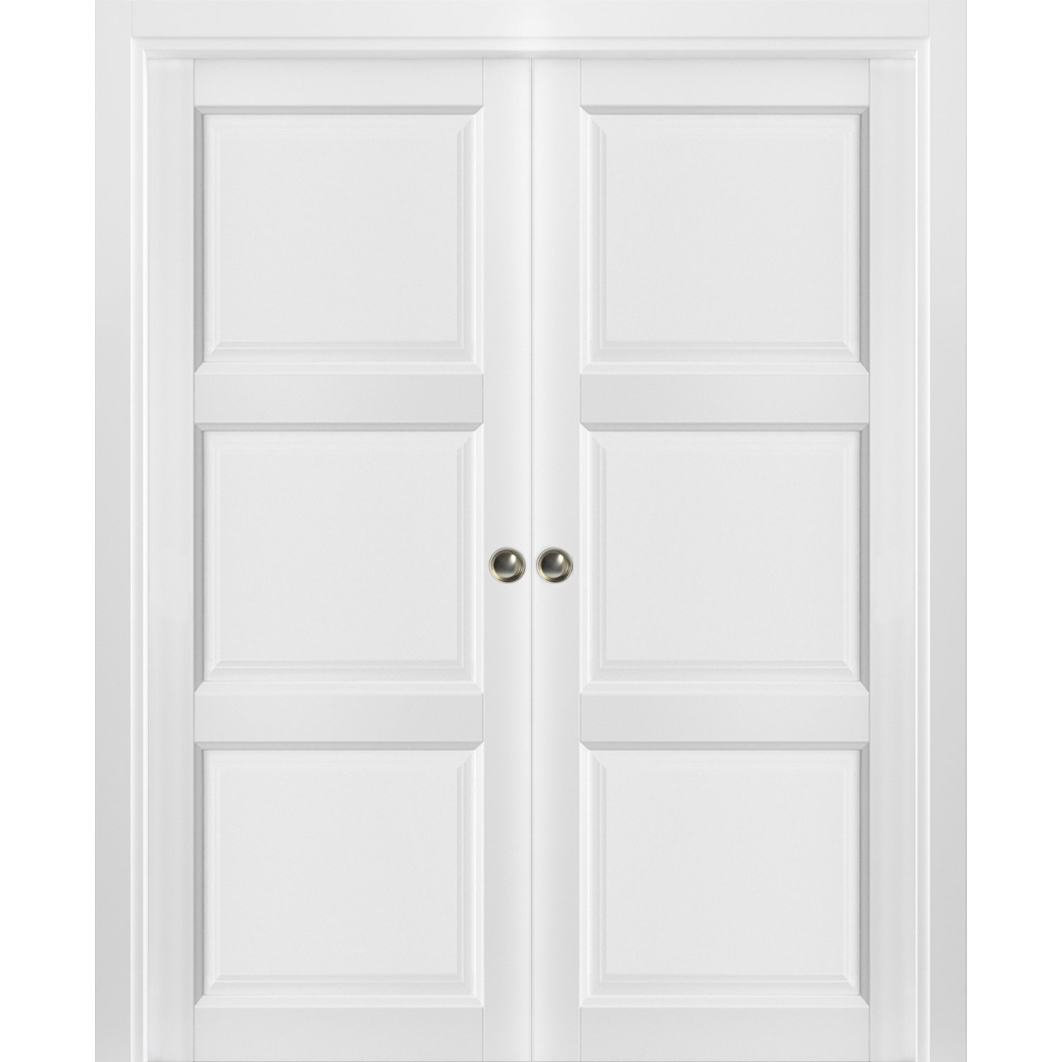 French Double Pocket Doors | Lucia 2661 White Silk | Kit Trims Rail Hardware | Solid Wood Interior Pantry Kitchen Bedroom Sliding Closet Sturdy Door  White