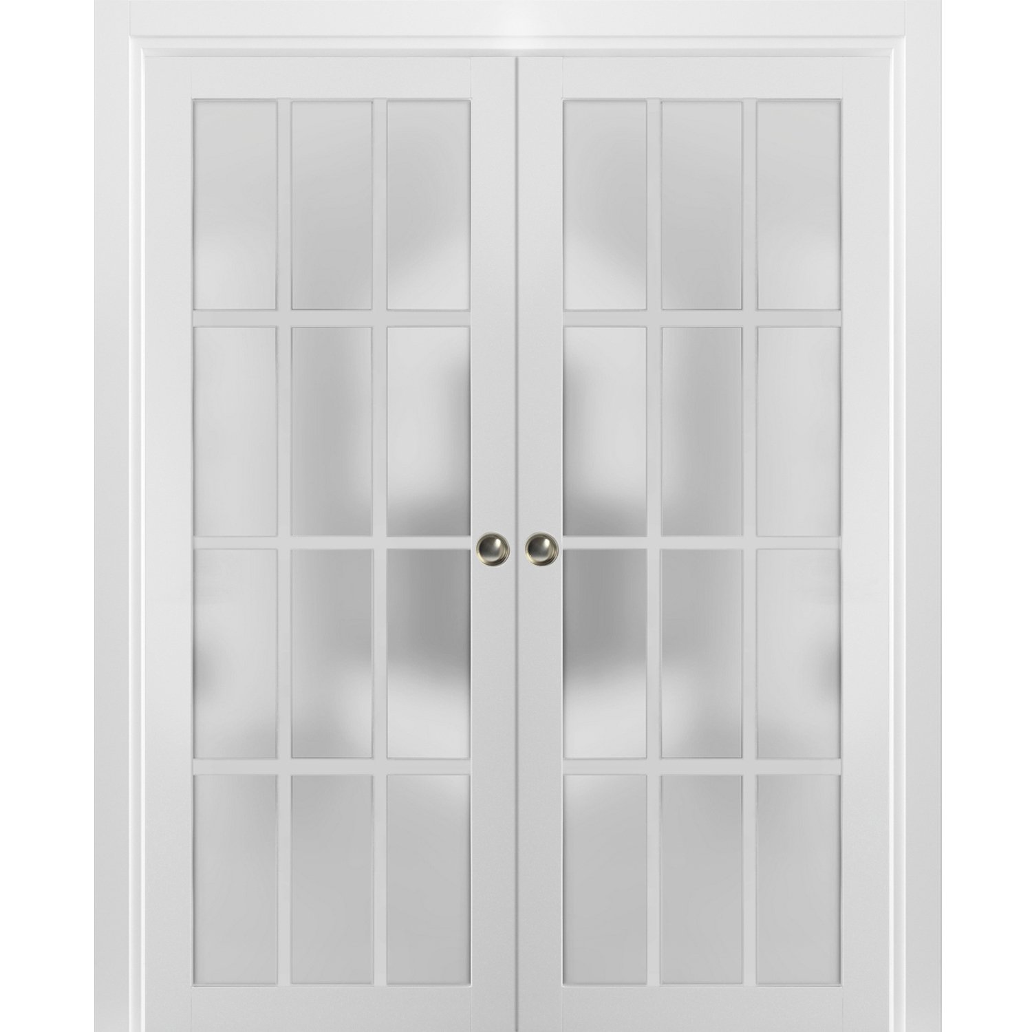 Sliding French Double Pocket Doors Frosted Glass 12 Lites | Felicia 3312 Matte Black | Kit Trims Rail Hardware | Solid Wood Interior Bedroom Sturdy Doors -36" x 96" (2* 18x96) White