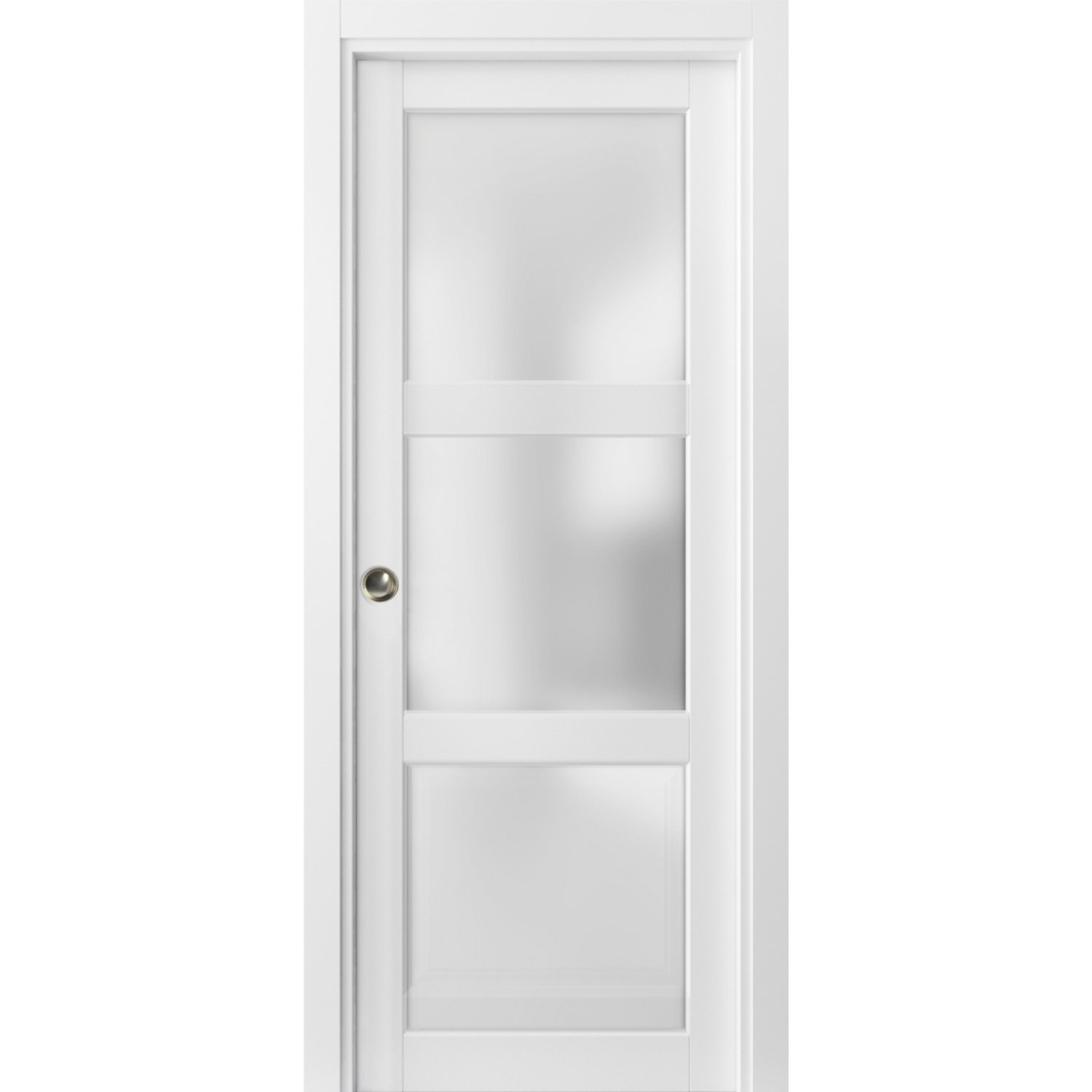 Sliding French Pocket Door | Lucia 2552 Black Matte with Frosted Glass | Kit Trims Rail Hardware | Solid Wood Interior Bedroom Sturdy Doors White