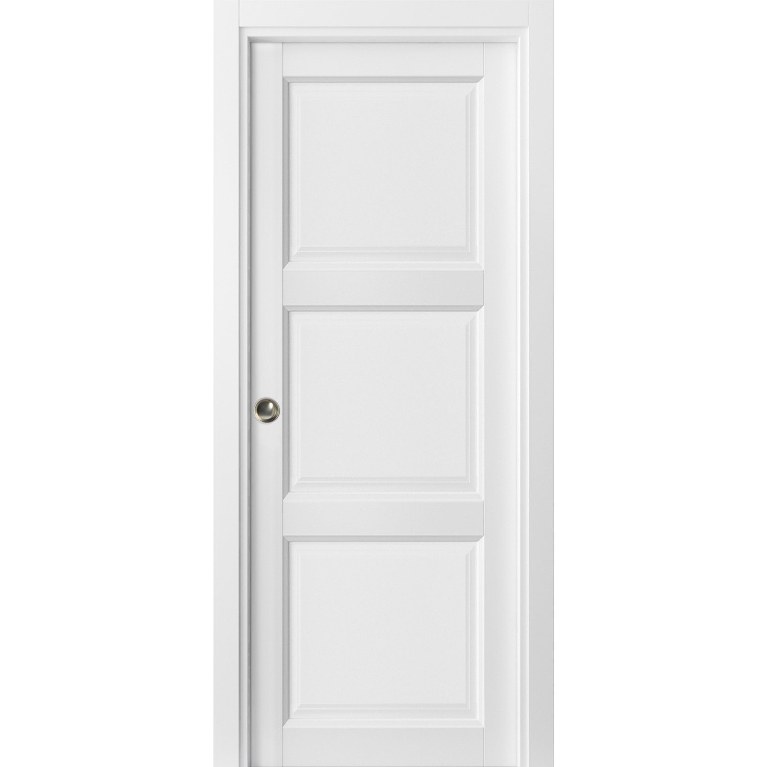 3 Panel Pocket Door | Lucia 2661 White Silk | Kit Trims Rail Hardware | Solid Wood Interior Pantry Kitchen Bedroom Sliding Closet Sturdy Doors -28" x 84" White