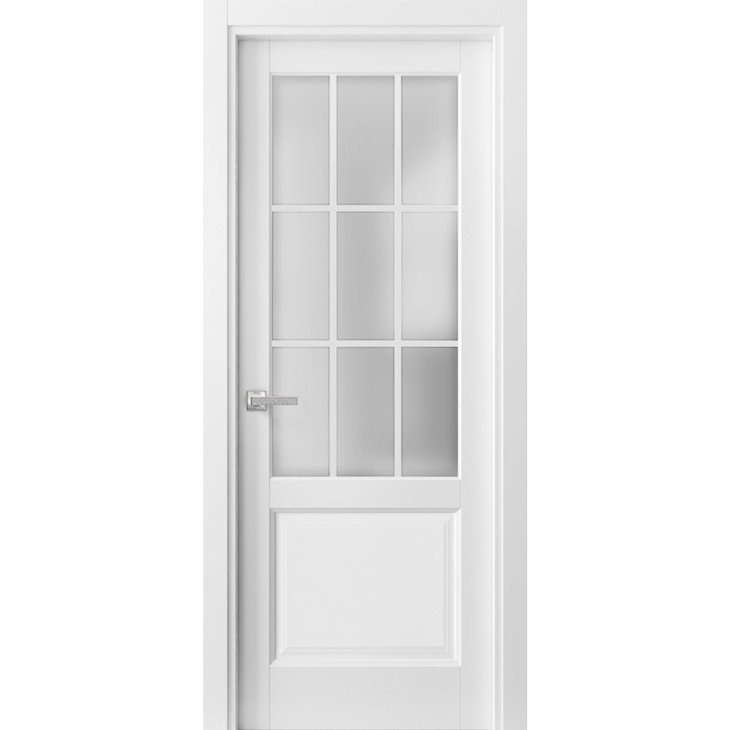 Solid French Door 9 Lites | Felicia 3309 Matte White with Frosted Glass | Single Regural Panel Frame Trims Handle | Bathroom Bedroom Sturdy Doors  White