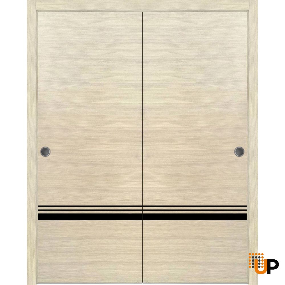 Sliding Closet Bypass Doors | Planum 0012 Natural Veneer and Aluminum Strips | Sturdy Rails Moldings Trims Hardware Set | Wood Solid Bedroom Wardrobe Doors-84" x 96" (2* 42x96) photo#1