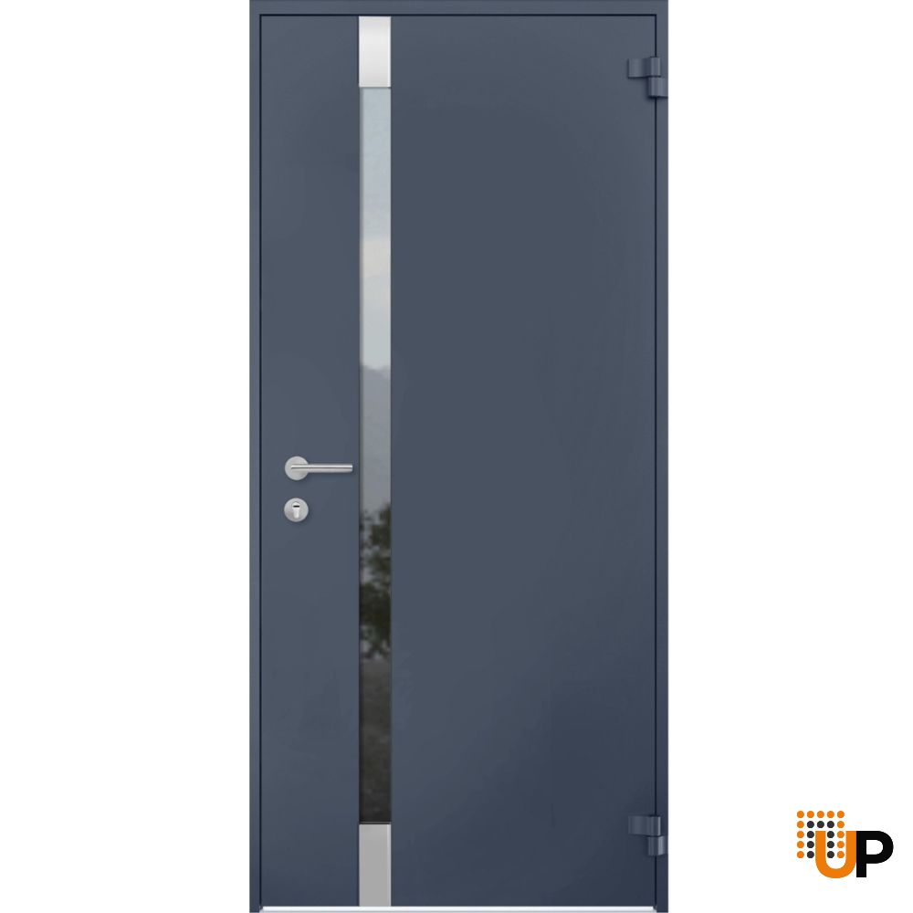 Front Exterior Prehung Steel Door / Cynex 6777 Grey / Stainless Inserts Single Modern Painted-W36" x H80"-Right-hand Outswing photo#1