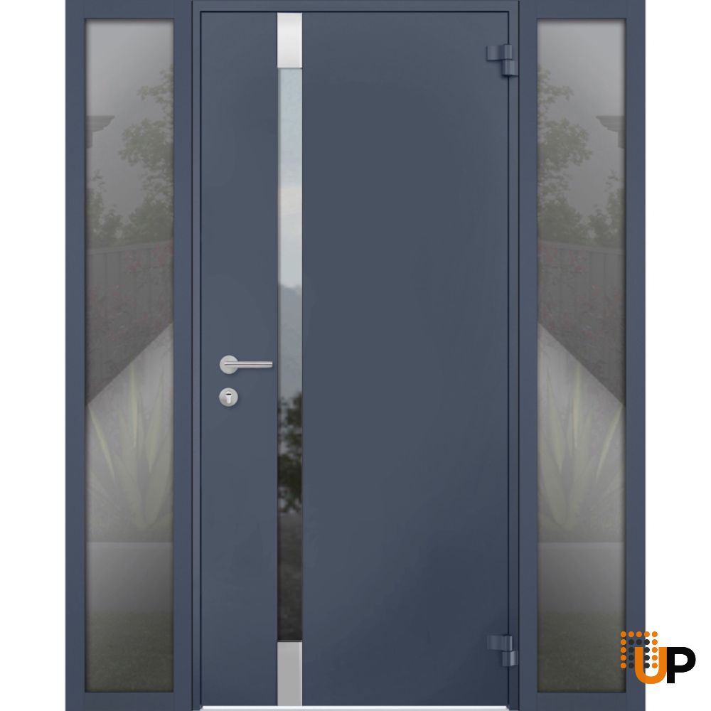 Front Exterior Prehung Steel Door / Cynex 6777 Grey / 2 Sidelight Exterior Windows / Stainless Inserts Single Modern Painted-W14+36+14" x H80"-Right-hand Outswing photo#1
