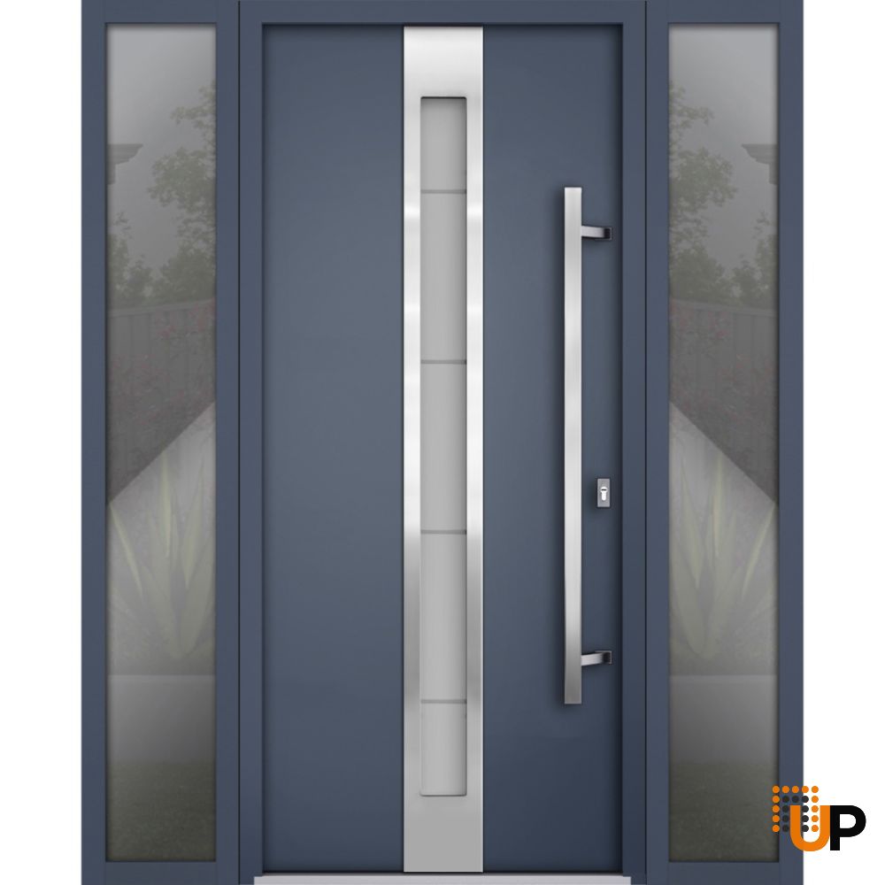 Front Exterior Prehung Steel Door / Deux 1717 Gray Graphite / 2 Sidelight Exterior Windows / Stainless Inserts Single Modern Painted-W14+36+14" x H80"-Left-hand Outswing photo#1