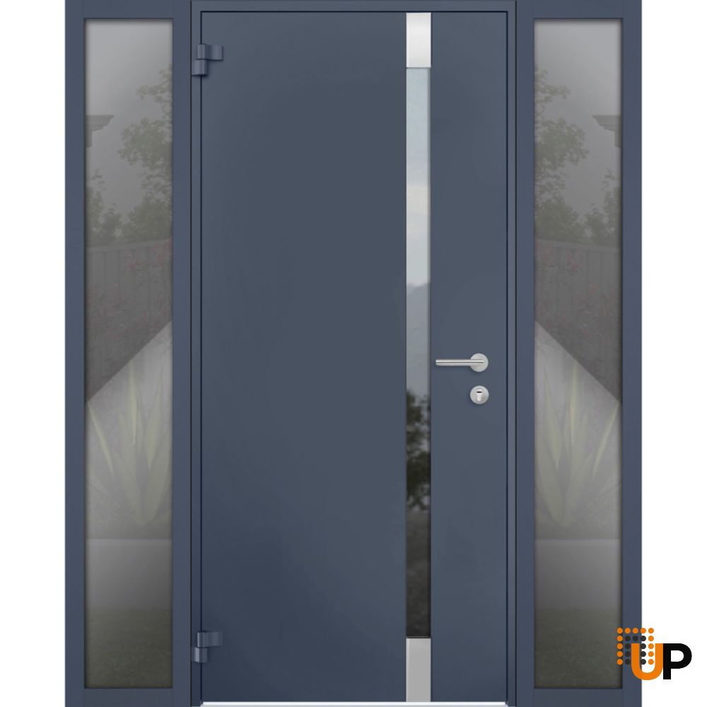 Front Exterior Prehung Steel Door / Cynex 6777 Grey / 2 Sidelight Exterior Windows / Stainless Inserts Single Modern Painted-W12+36+12" x H80"-Left-hand Outswing photo#1