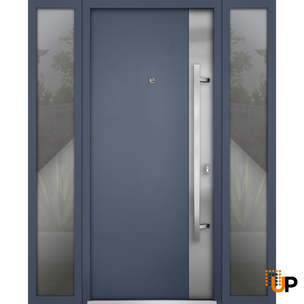 Front Exterior Prehung Steel Door / Deux 0729 Gray Graphite / 2 Sidelight Exterior Windows / Stainless Inserts Single Modern Painted-W16+36+16" x H80"-Left-hand Inswing photo#1