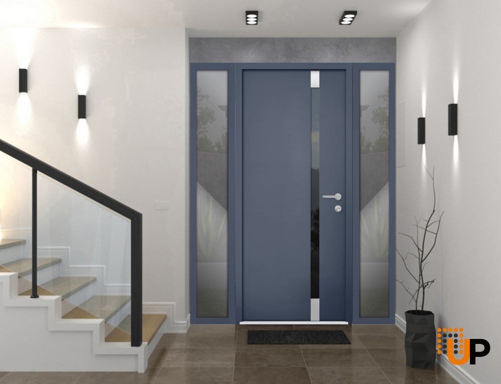 Front Exterior Prehung Steel Door / Cynex 6777 Grey / 2 Sidelight Exterior Windows / Stainless Inserts Single Modern Painted-W12+36+12" x H80"-Right-hand Outswing photo#2