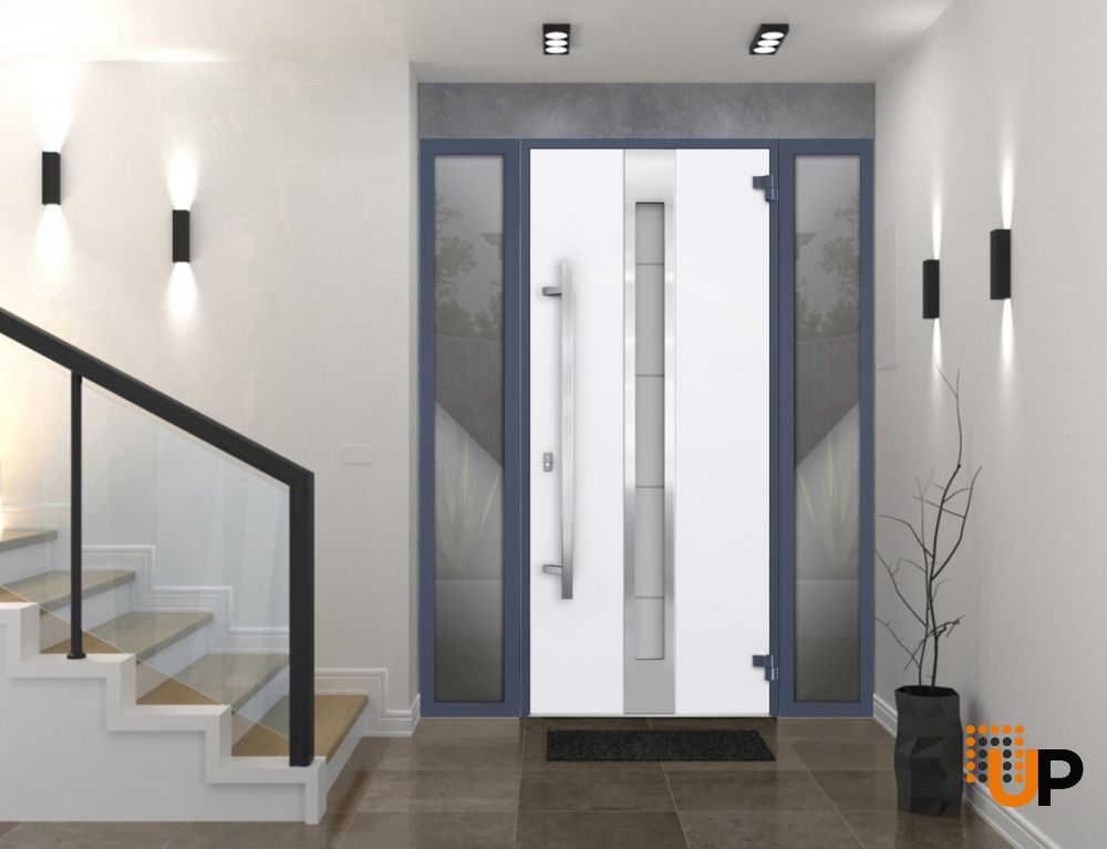 Front Exterior Prehung Steel Door / Deux 1717 Gray Graphite / 2 Sidelight Exterior Windows / Stainless Inserts Single Modern Painted-W14+36+14" x H80"-Left-hand Outswing photo#2