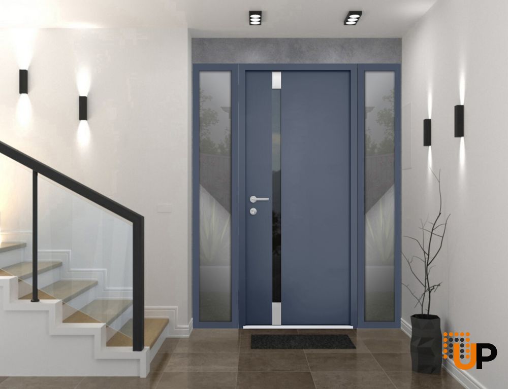 Front Exterior Prehung Steel Door / Cynex 6777 Grey / 2 Sidelight Exterior Windows / Stainless Inserts Single Modern Painted-W12+36+12" x H80"-Left-hand Outswing photo#2