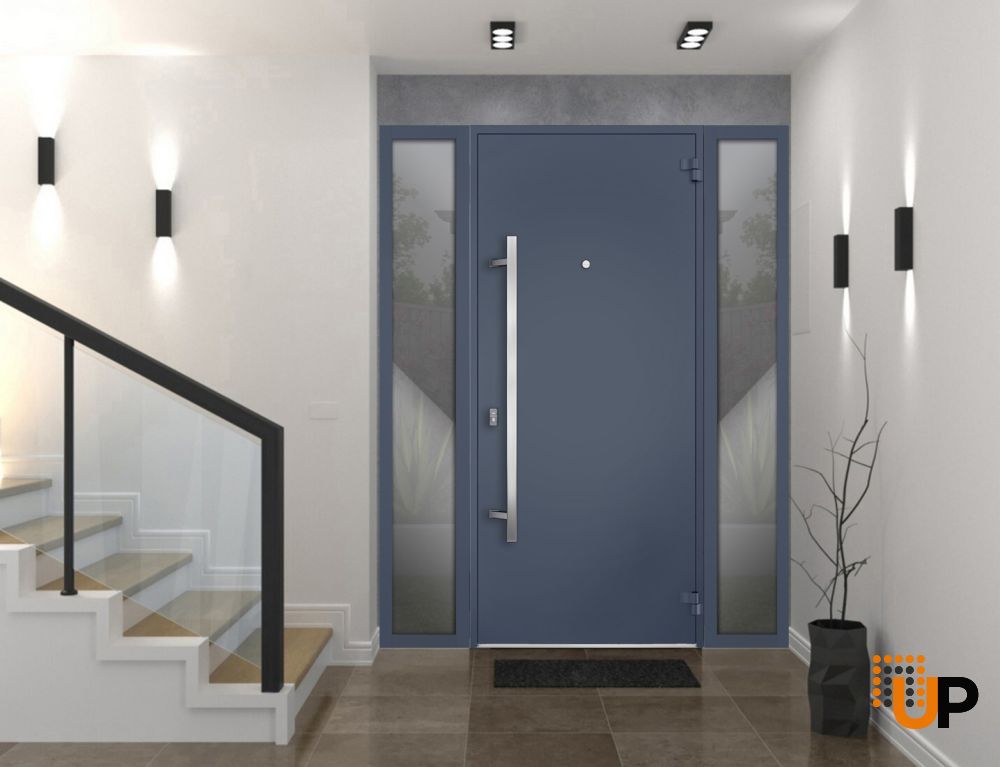 Front Exterior Prehung Steel Door / Deux 0729 Gray Graphite / 2 Sidelight Exterior Windows / Stainless Inserts Single Modern Painted-W16+36+16" x H80"-Left-hand Inswing photo#2