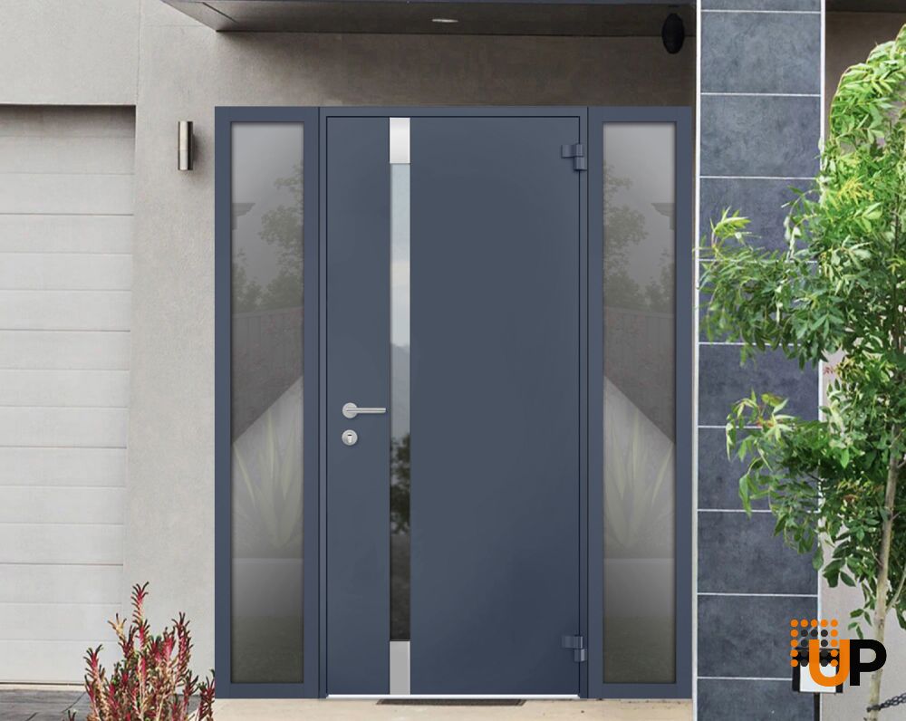 Front Exterior Prehung Steel Door / Cynex 6777 Grey / 2 Sidelight Exterior Windows / Stainless Inserts Single Modern Painted-W14+36+14" x H80"-Right-hand Outswing photo#3