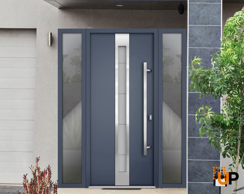 Front Exterior Prehung Steel Door / Deux 1717 Gray Graphite / 2 Sidelight Exterior Windows / Stainless Inserts Single Modern Painted-W14+36+14" x H80"-Left-hand Outswing photo#3