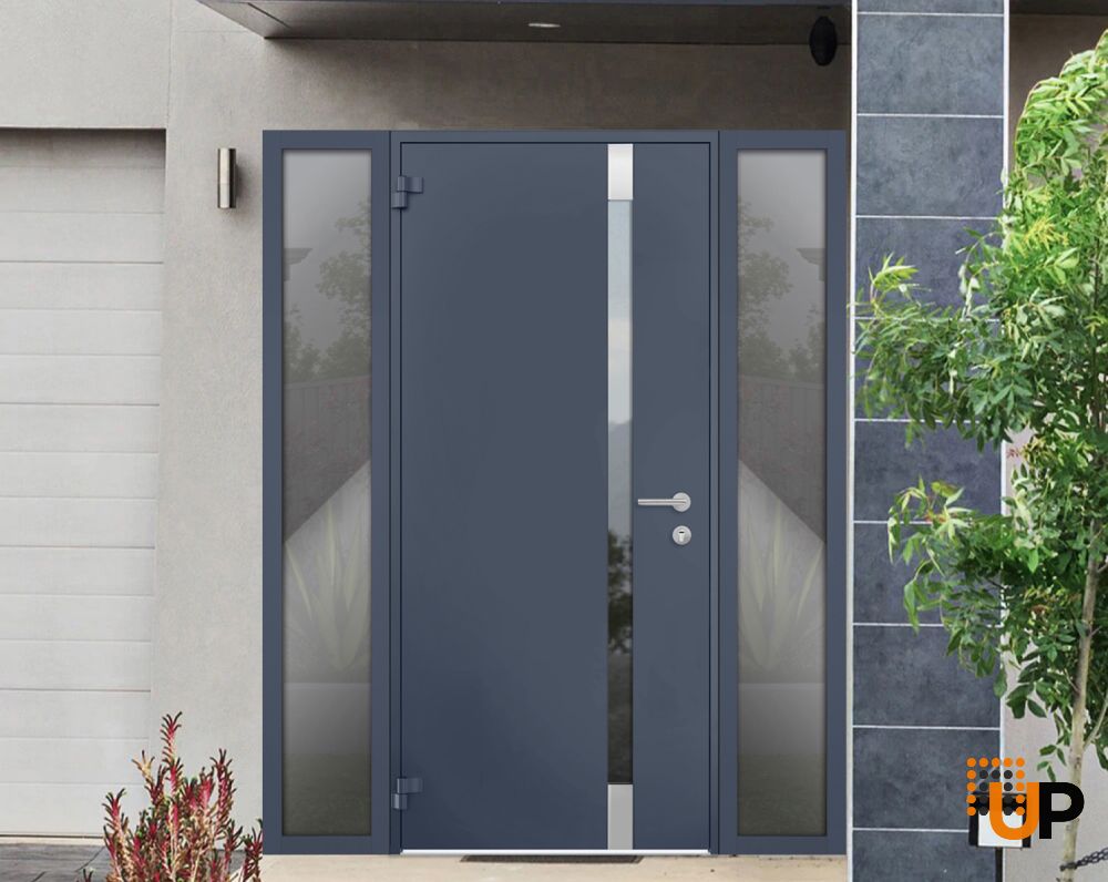 Front Exterior Prehung Steel Door / Cynex 6777 Grey / 2 Sidelight Exterior Windows / Stainless Inserts Single Modern Painted-W12+36+12" x H80"-Left-hand Outswing photo#3