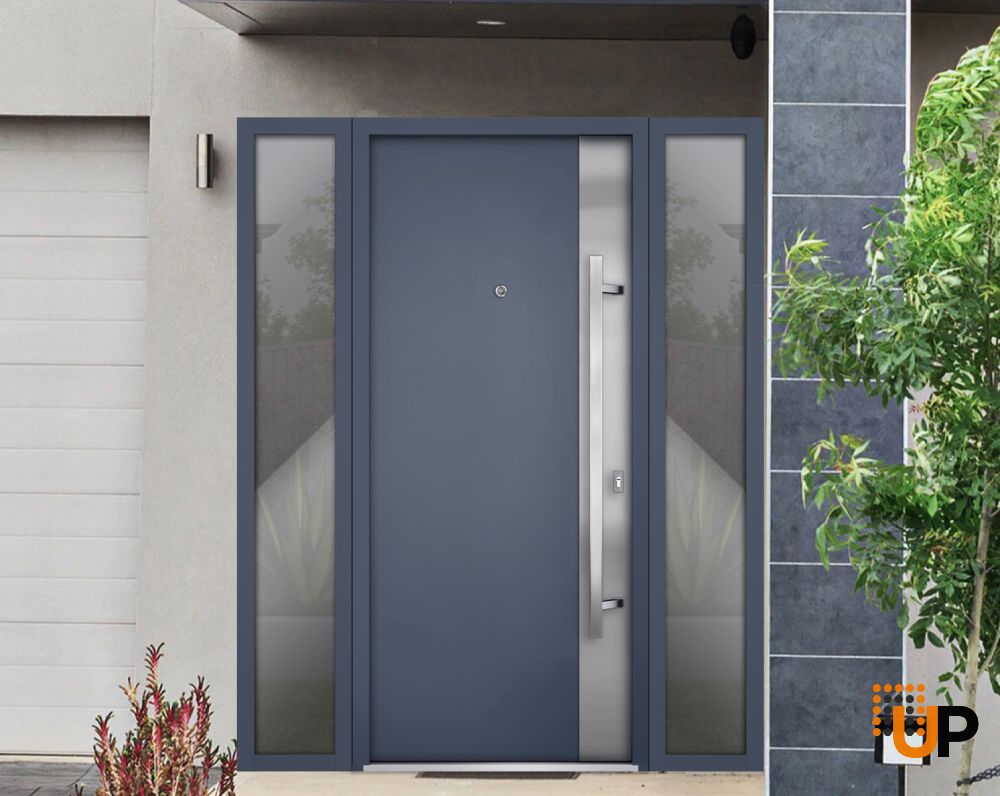 Front Exterior Prehung Steel Door / Deux 0729 Gray Graphite / 2 Sidelight Exterior Windows / Stainless Inserts Single Modern Painted-W16+36+16" x H80"-Left-hand Inswing photo#3