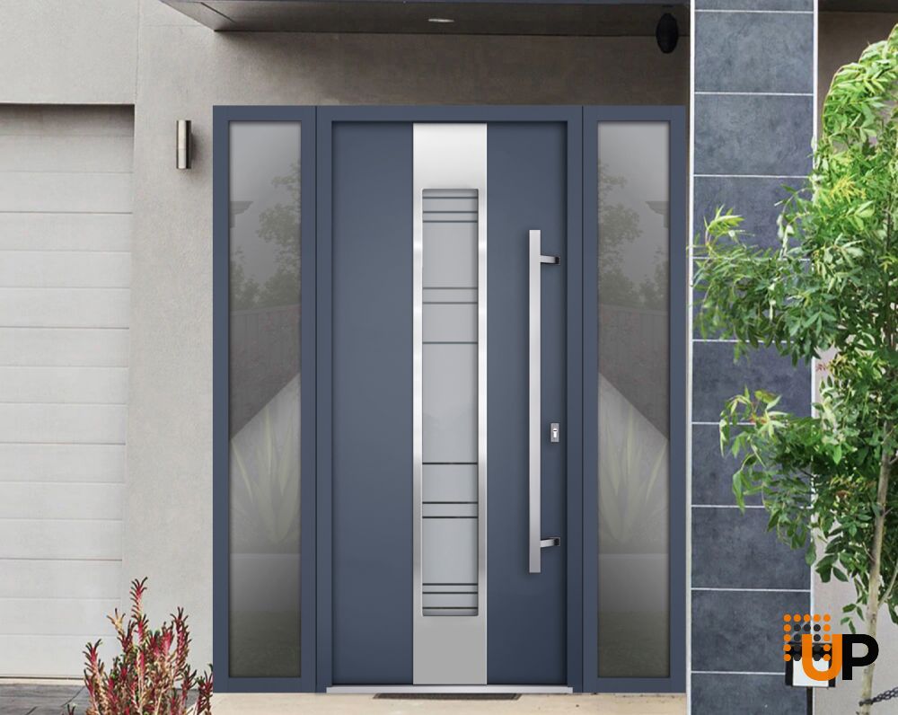 Front Exterior Prehung Steel Door / Deux 0757 Gray Graphite / 2 Sidelight Exterior Windows / Stainless Inserts Single Modern Painted-W14+36+14" x H80"-Left-hand Inswing photo#3