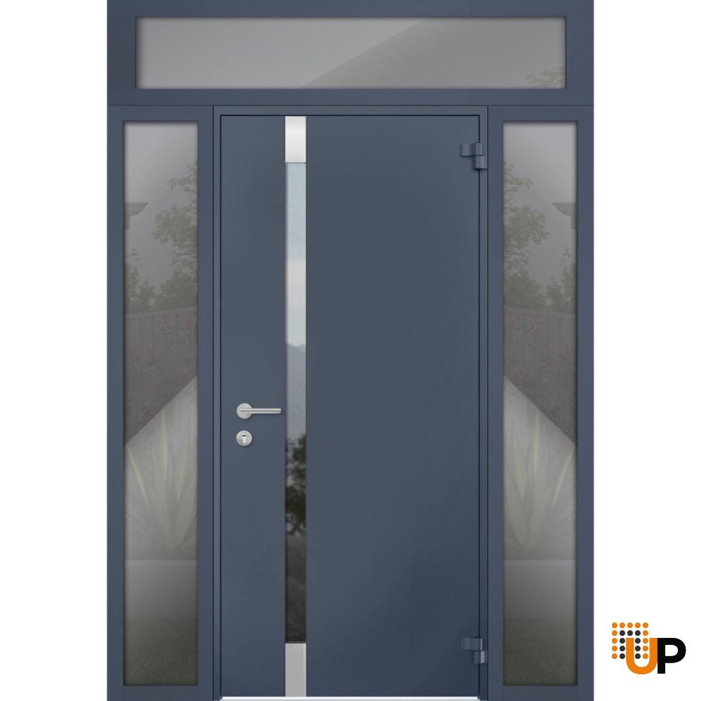 Front Exterior Prehung Steel Door / Cynex 6777 Grey / 2 Sidelight and Transom Window / Stainless Inserts Single Modern Painted-W16+36+16" x H80+16"-Right-hand Outswing photo#1