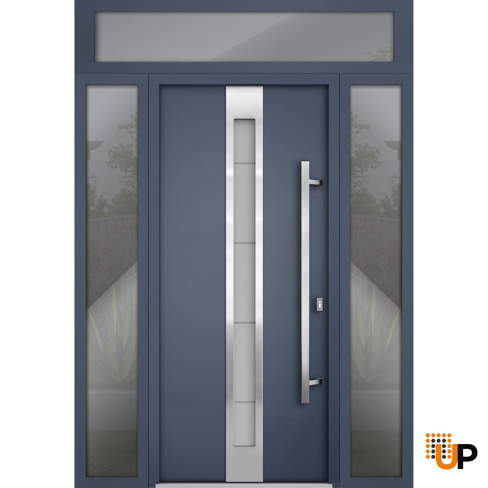 Front Exterior Prehung Steel Door / Deux 1717 Gray Graphite / 2 Sidelight and Transom Window / Stainless Inserts Single Modern Painted-W14+36+14" x H80+16"-Left-hand Outswing photo#1