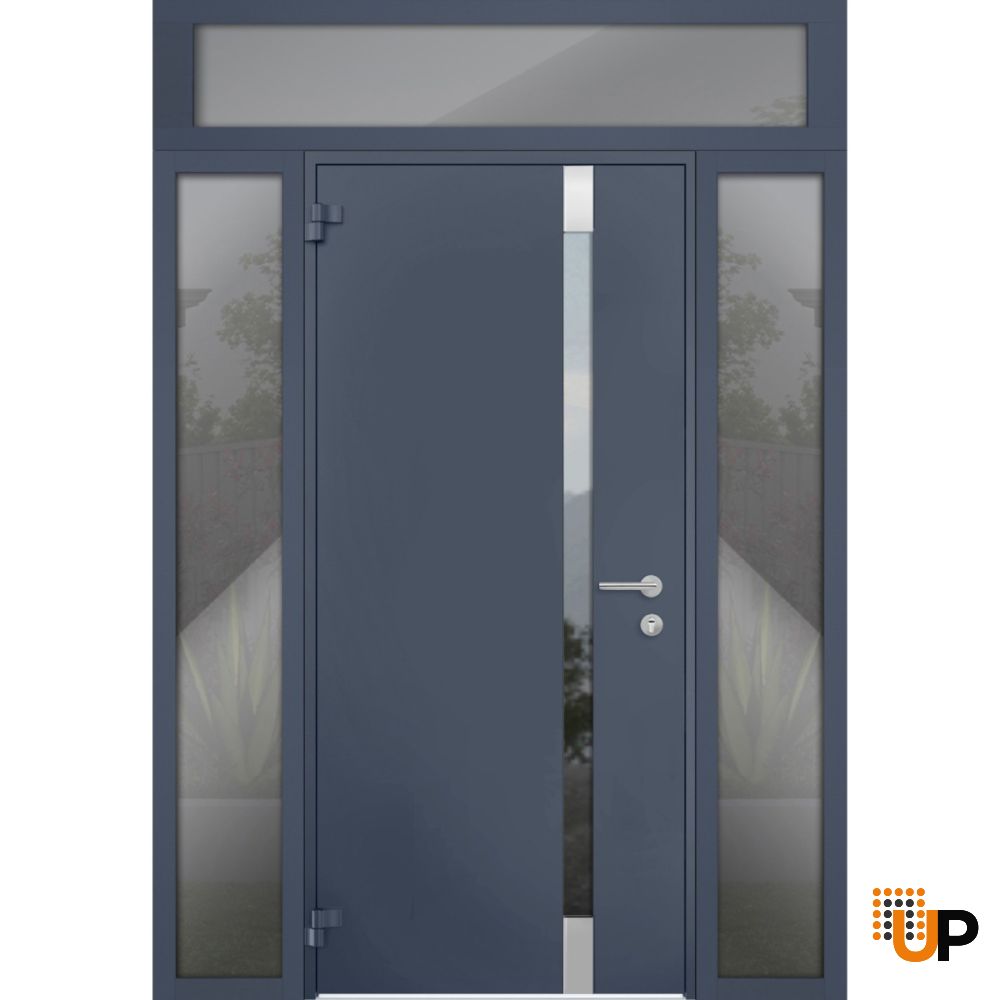 Front Exterior Prehung Steel Door / Cynex 6777 Grey / 2 Sidelight and Transom Window / Stainless Inserts Single Modern Painted-W14+36+14" x H80+16"-Left-hand Outswing photo#1