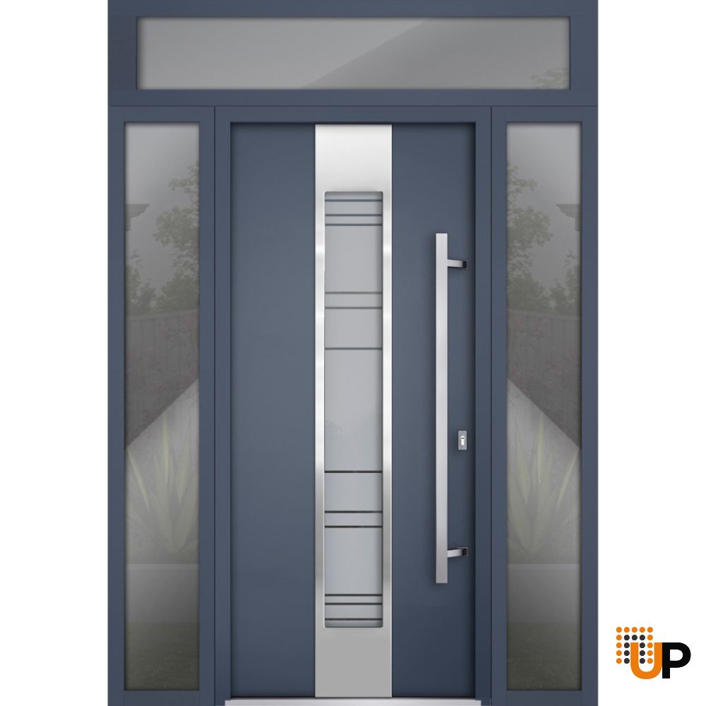 Front Exterior Prehung Steel Door / Deux 0757 Gray Graphite / 2 Sidelight and Transom Window / Stainless Inserts Single Modern Painted-W16+36+16" x H80+16"-Left-hand Inswing photo#1