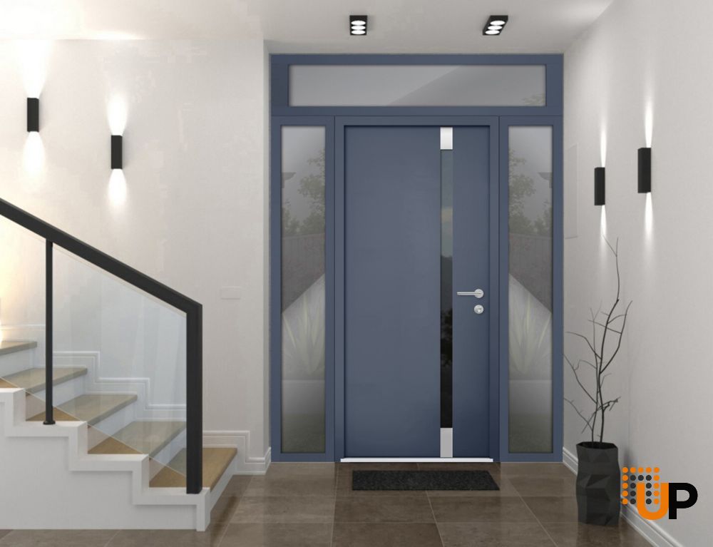 Front Exterior Prehung Steel Door / Cynex 6777 Grey / 2 Sidelight and Transom Window / Stainless Inserts Single Modern Painted-W16+36+16" x H80+16"-Right-hand Outswing photo#2