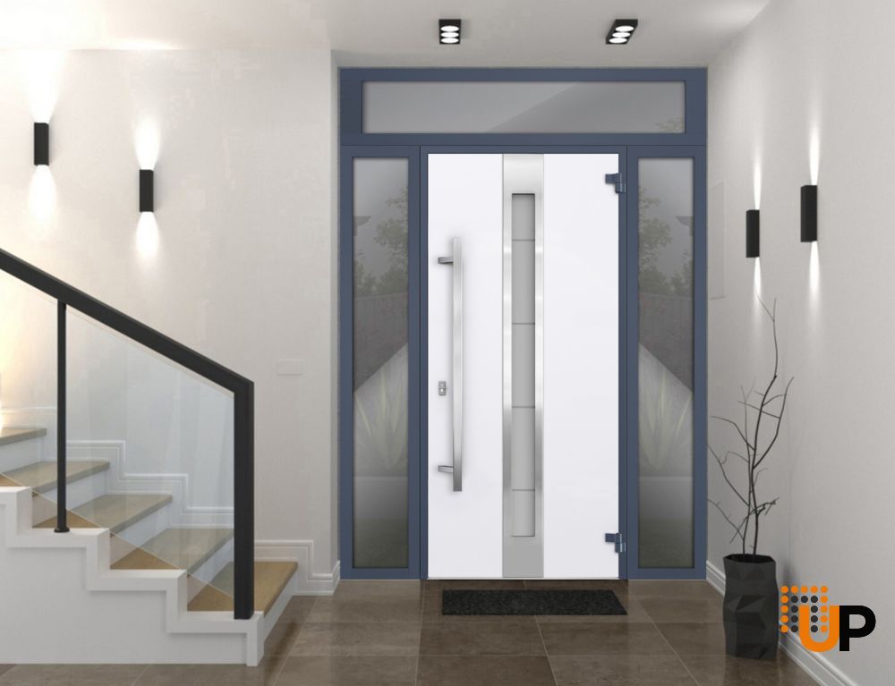 Front Exterior Prehung Steel Door / Deux 1717 Gray Graphite / 2 Sidelight and Transom Window / Stainless Inserts Single Modern Painted-W14+36+14" x H80+16"-Left-hand Outswing photo#2