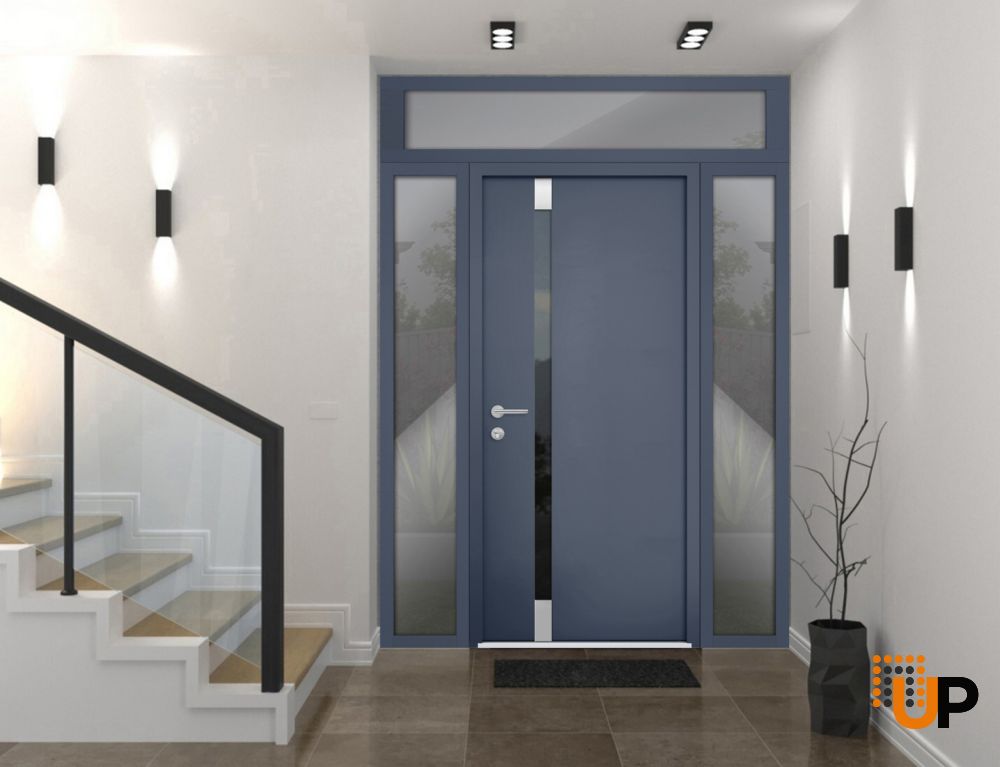 Front Exterior Prehung Steel Door / Cynex 6777 Grey / 2 Sidelight and Transom Window / Stainless Inserts Single Modern Painted-W16+36+16" x H80+16"-Left-hand Outswing photo#2