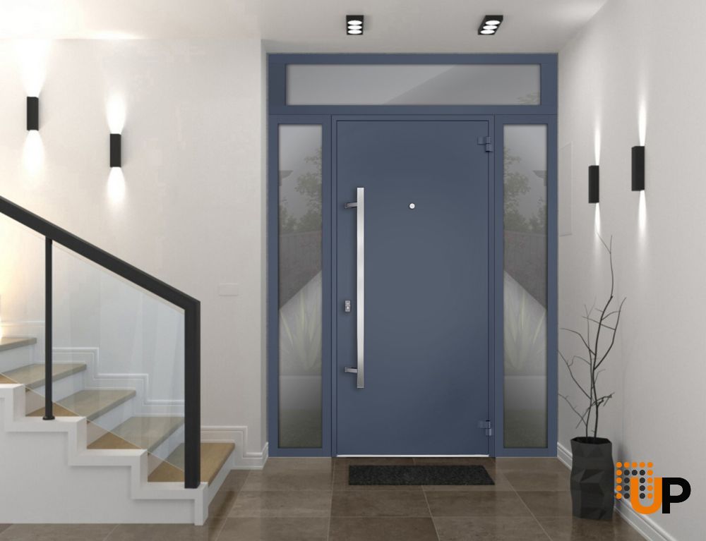 Front Exterior Prehung Steel Door / Deux 0729 Gray Graphite / 2 Sidelight and Transom Window / Stainless Inserts Single Modern Painted-W16+36+16" x H80+16"-Left-hand Inswing photo#2