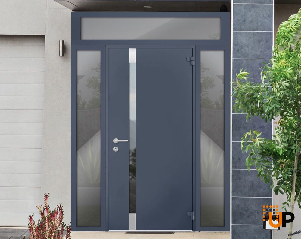 Front Exterior Prehung Steel Door / Cynex 6777 Grey / 2 Sidelight and Transom Window / Stainless Inserts Single Modern Painted-W16+36+16" x H80+16"-Right-hand Outswing photo#3
