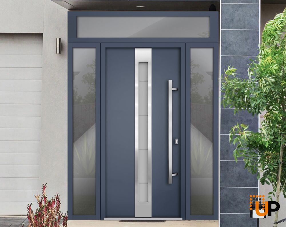 Front Exterior Prehung Steel Door / Deux 1717 Gray Graphite / 2 Sidelight and Transom Window / Stainless Inserts Single Modern Painted-W14+36+14" x H80+16"-Left-hand Outswing photo#3