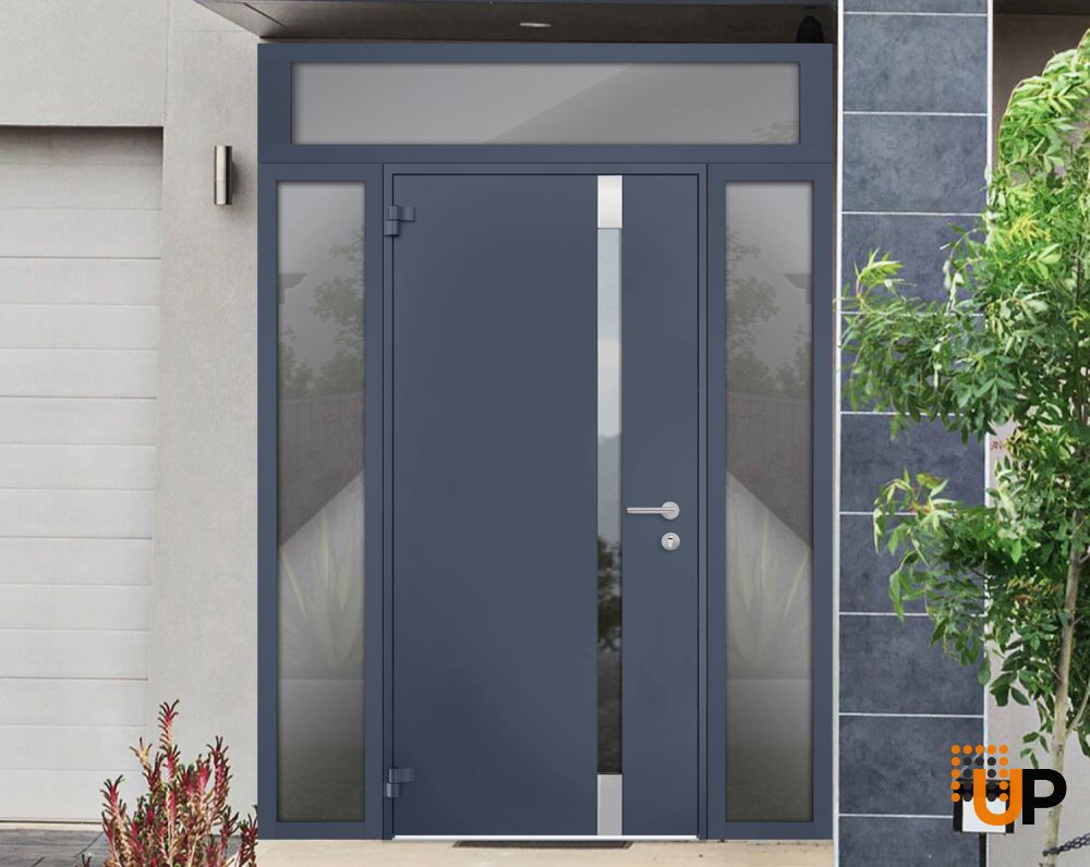 Front Exterior Prehung Steel Door / Cynex 6777 Grey / 2 Sidelight and Transom Window / Stainless Inserts Single Modern Painted-W14+36+14" x H80+16"-Left-hand Outswing photo#3