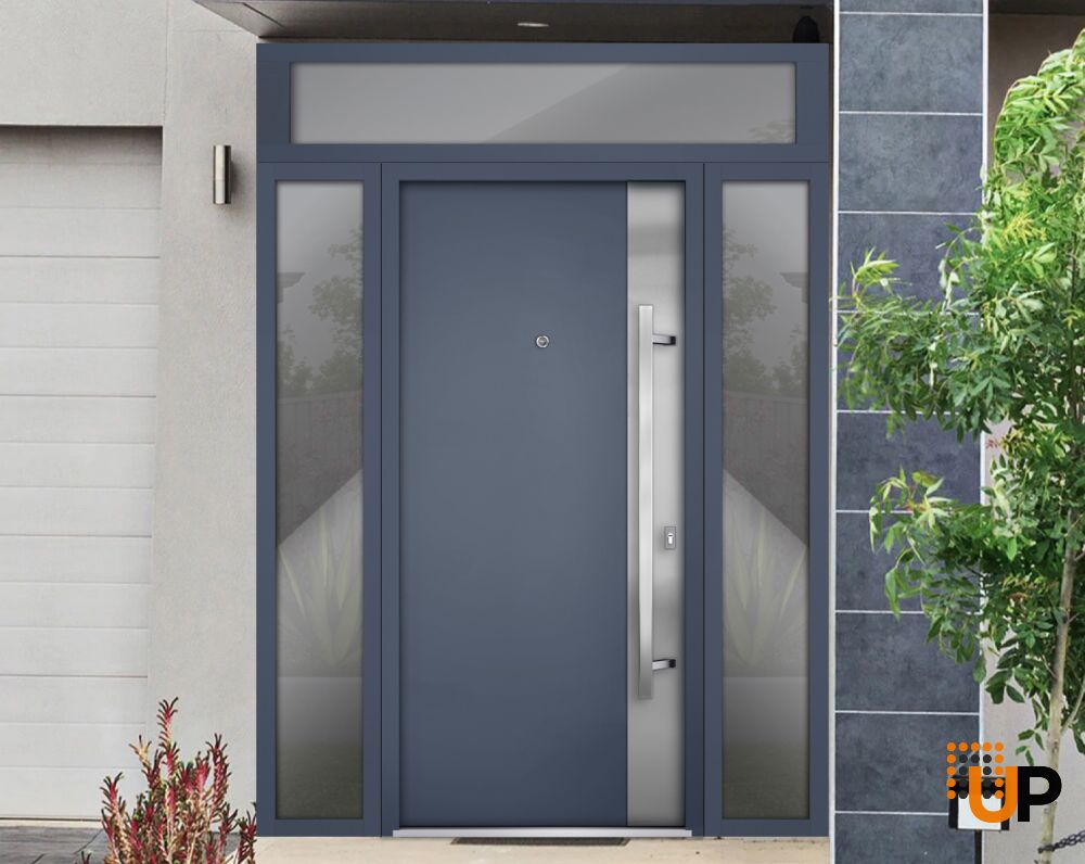 Front Exterior Prehung Steel Door / Deux 0729 Gray Graphite / 2 Sidelight and Transom Window / Stainless Inserts Single Modern Painted-W16+36+16" x H80+16"-Left-hand Inswing photo#3