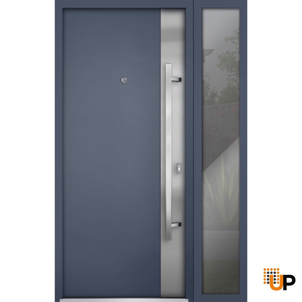Front Exterior Prehung Steel Door / Deux 0729 Gray Graphite / Sidelight Exterior Window / Stainless Inserts Single Modern Painted-W36+12" x H80"-Left-hand Inswing photo#1
