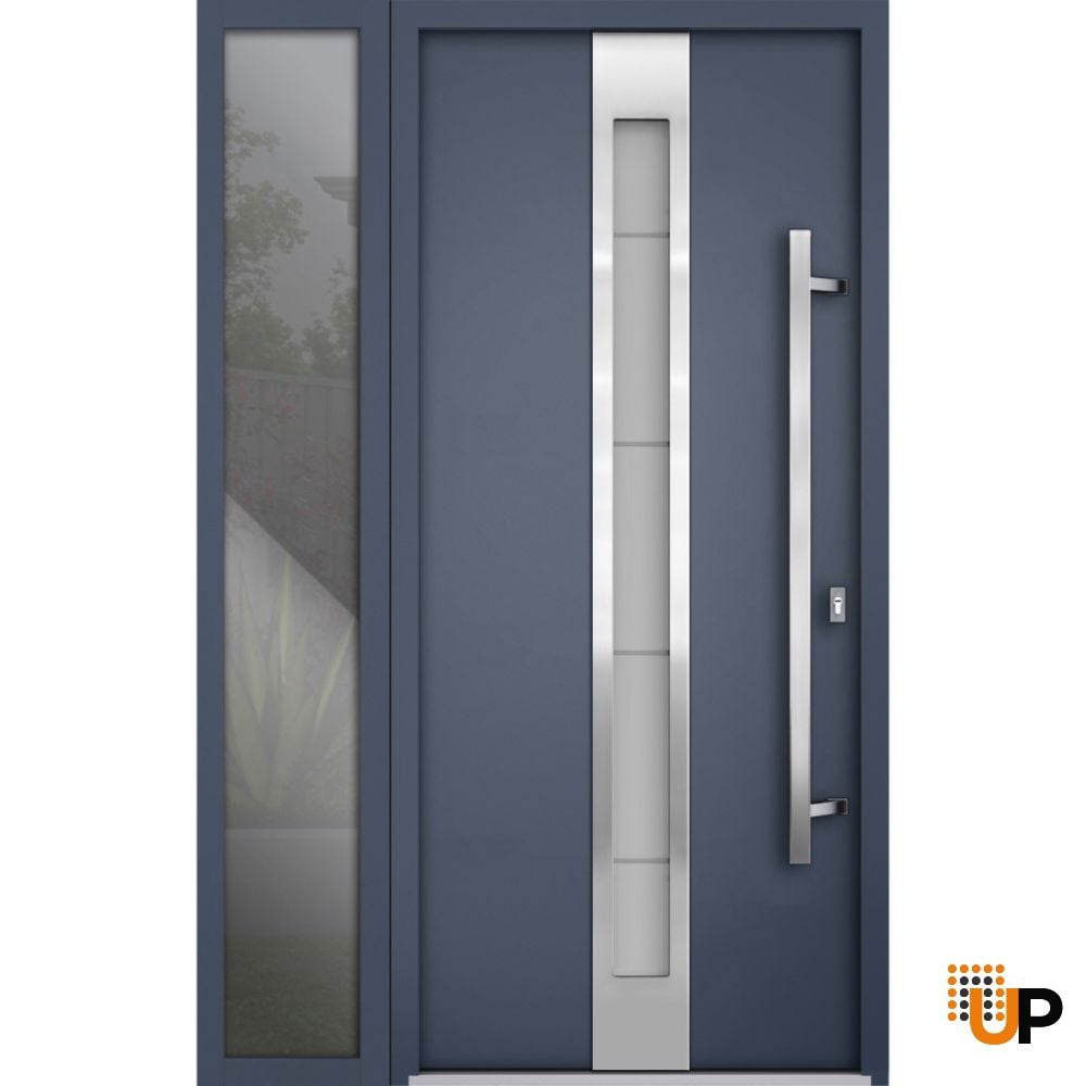 Front Exterior Prehung Steel Door / Deux 1717 Gray Graphite / Sidelight Exterior Window / Stainless Inserts Single Modern Painted-W36+16" x H80"-Left-hand Outswing photo#1