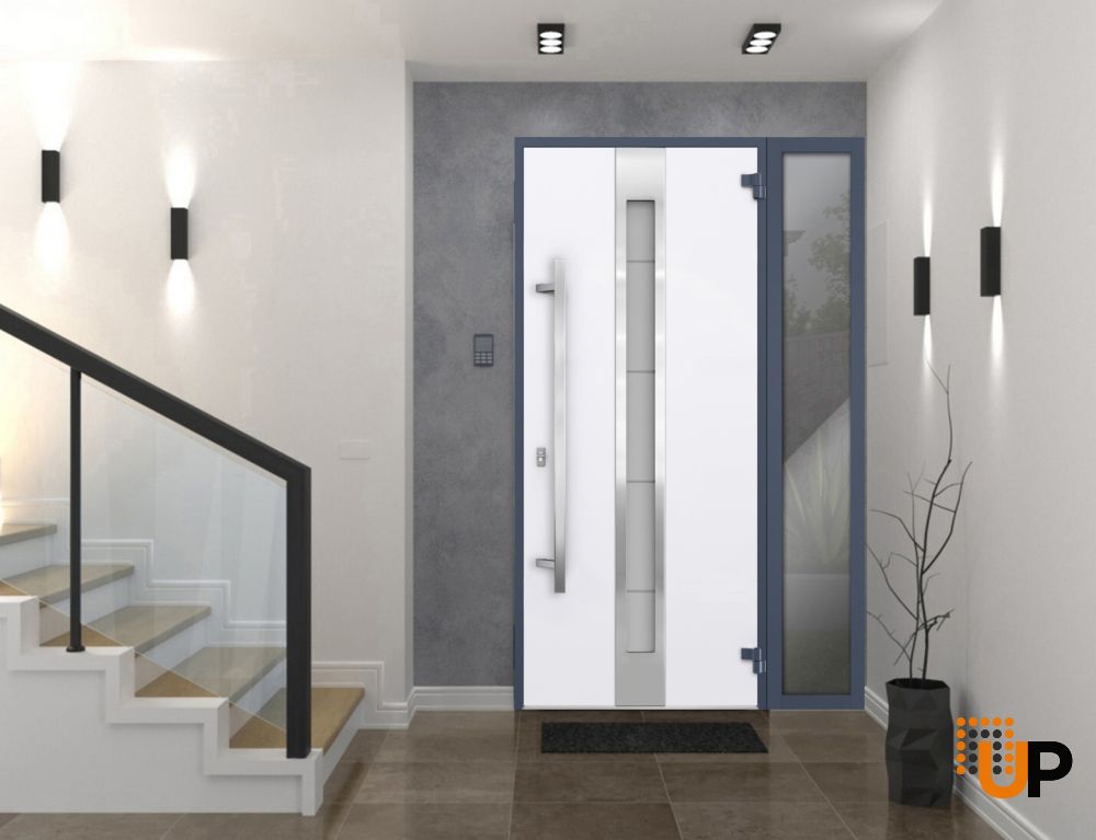 Front Exterior Prehung Steel Door / Deux 1717 Gray Graphite / Sidelight Exterior Window / Stainless Inserts Single Modern Painted-W36+14" x H80"-Left-hand Outswing photo#2